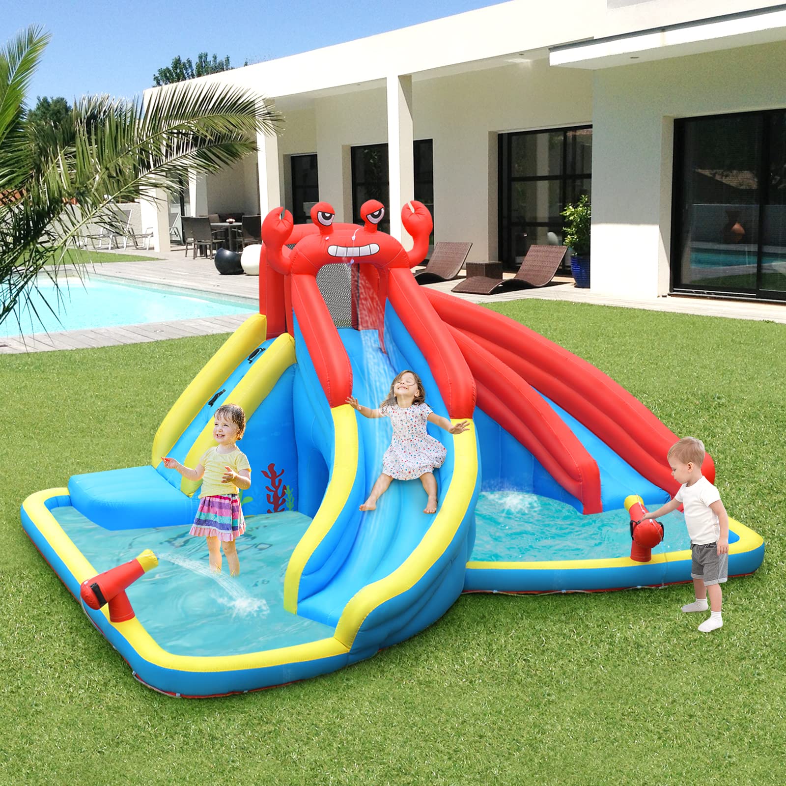 HONEY JOY Inflatable Water Slide with Climbing Wall & 2 Slides - Crab Theme Blow Up Bounce House for Backyard, Outdoor Water Park for Kids & Adults - Perfect for Summer Parties, Birthday Events & Family Fun (Blower Not Included)