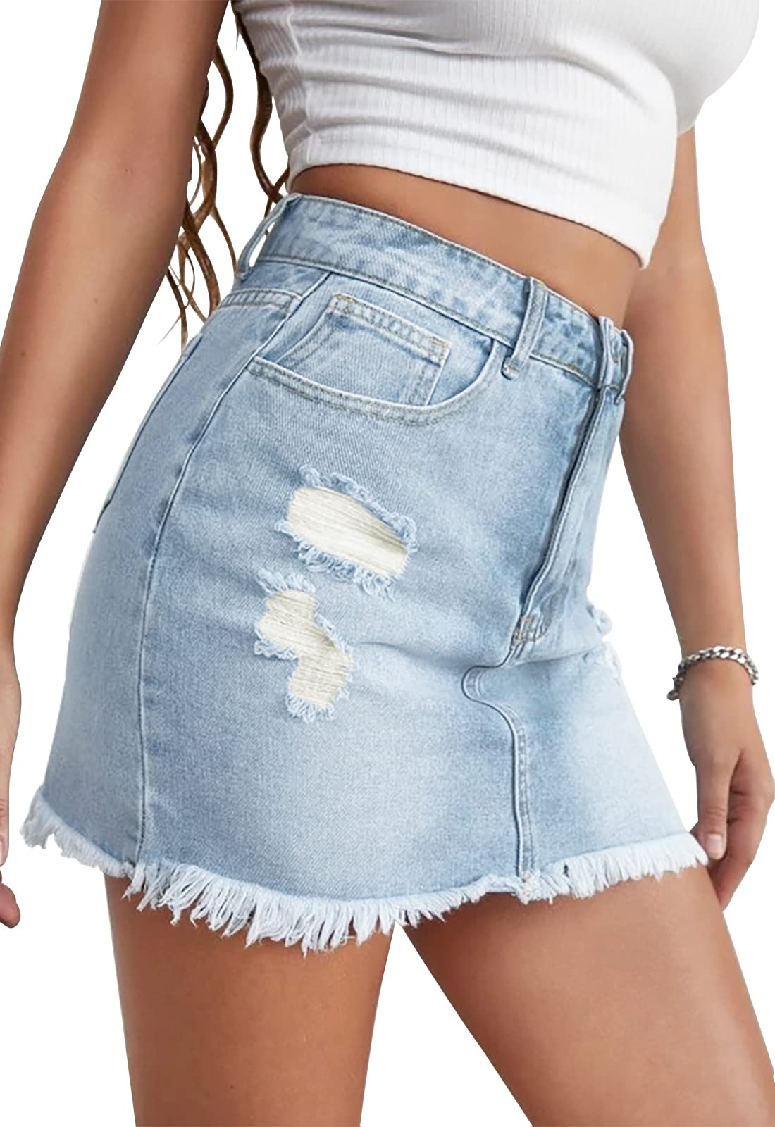 Women's High Waist Stretchy Denim Mini Skirt - Bodycon Washed Frayed Jean Skirt with Pockets | Casual Outfit for Party, Date Night & Streetwear Fashion