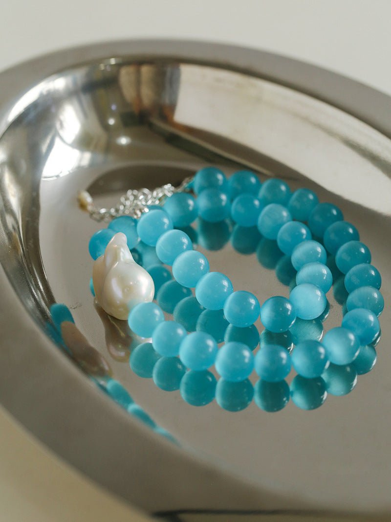 Baroque Pearl & Cat's Eye Stone Blue Necklace for Women - Elegant Statement Jewelry for Parties, Weddings & Special Occasions