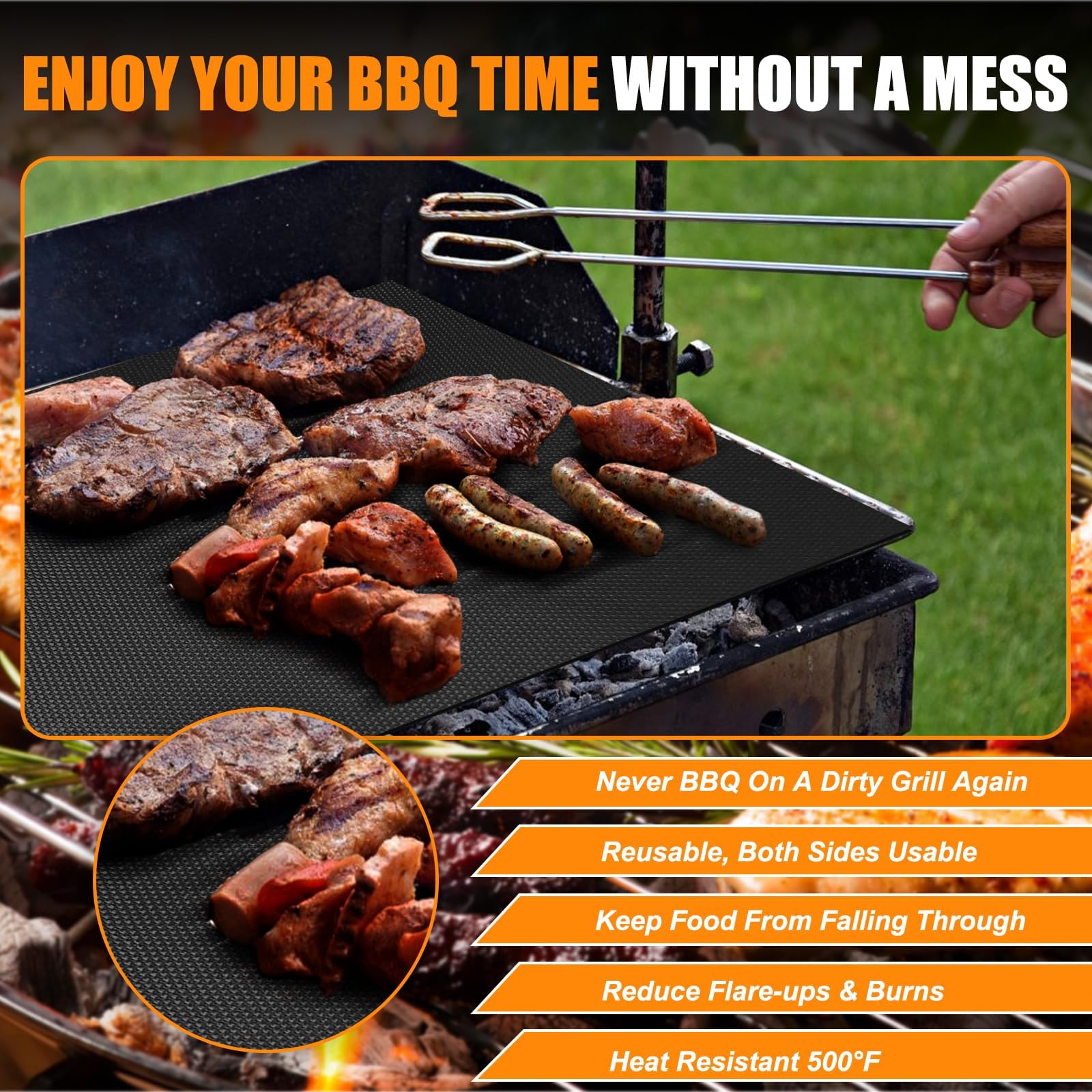 Premium Non-Stick Grill Mat Set of 5 - Reusable BBQ Cooking Mats for Gas, Charcoal & Electric Grills - 15.75 x 13 Inch Heavy Duty, Easy Clean, Black - Perfect for Backyard BBQs, Camping & Outdoor Cooking