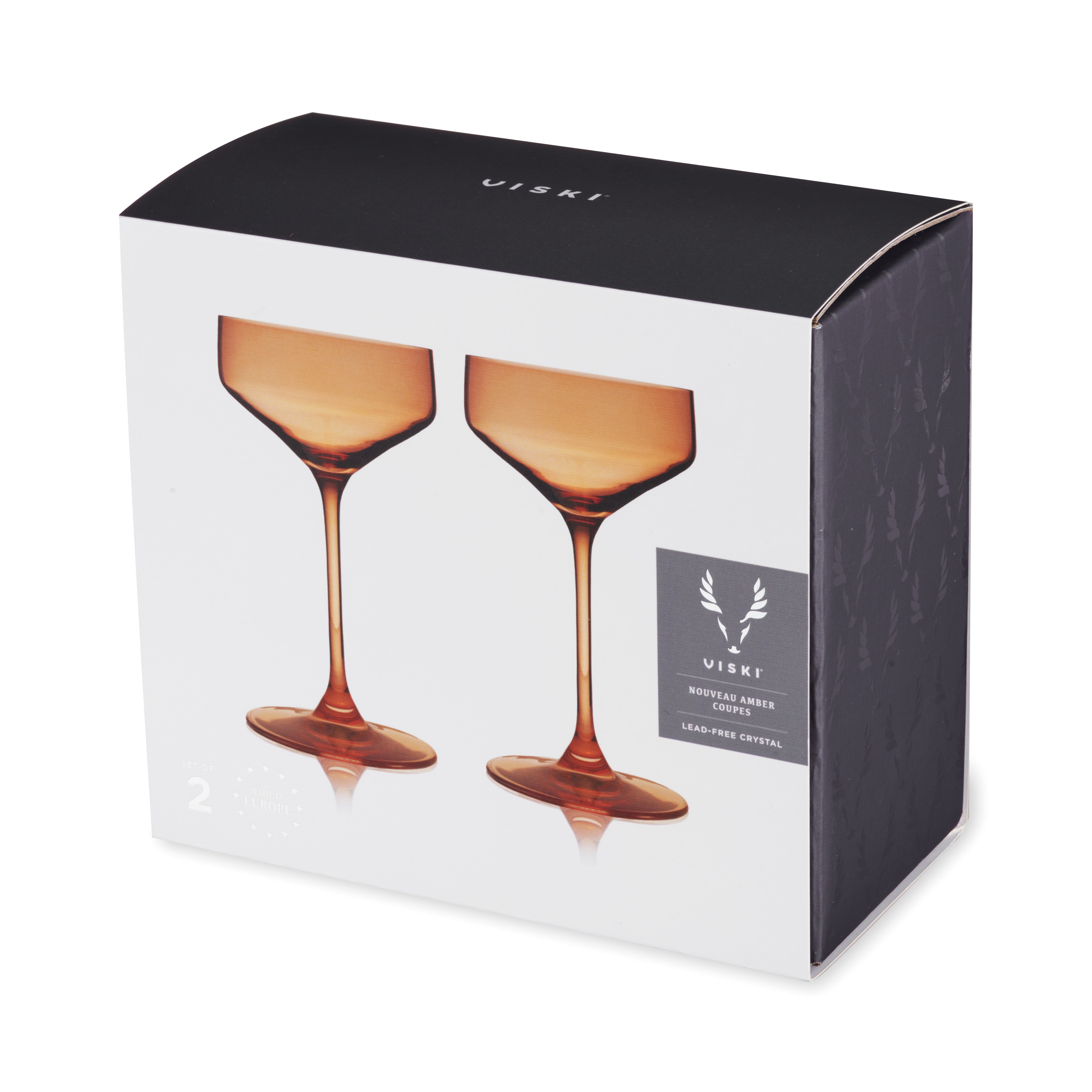 Premium Amber Crystal Coupe Glasses Set of 2 - Elegant Vintage Champagne Glasses for Wedding Toasts, Cocktail Parties & Fine Dining