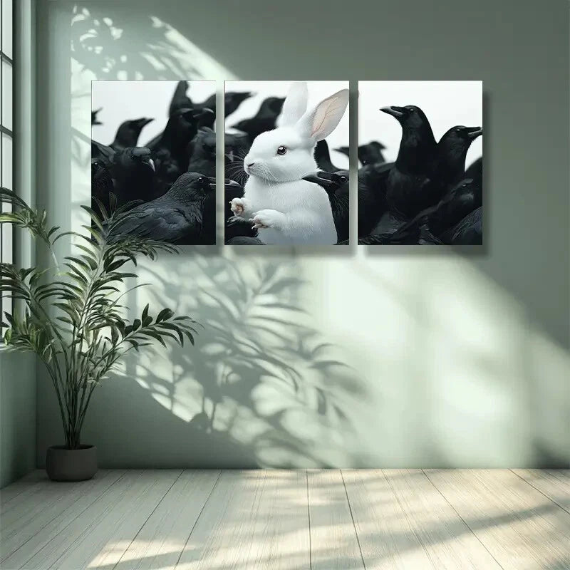 3-Piece White Rabbit & Crow Animal Art Metal Prints - Ready to Hang Wall Decor for Living Room, Bedroom & Office