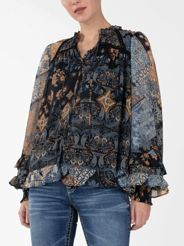Miss Me MT3006L Women's Mixed Media Peasant Blouse with Tassel - Navy Blue Boho Chic Top for Casual Outings & Summer Festivals