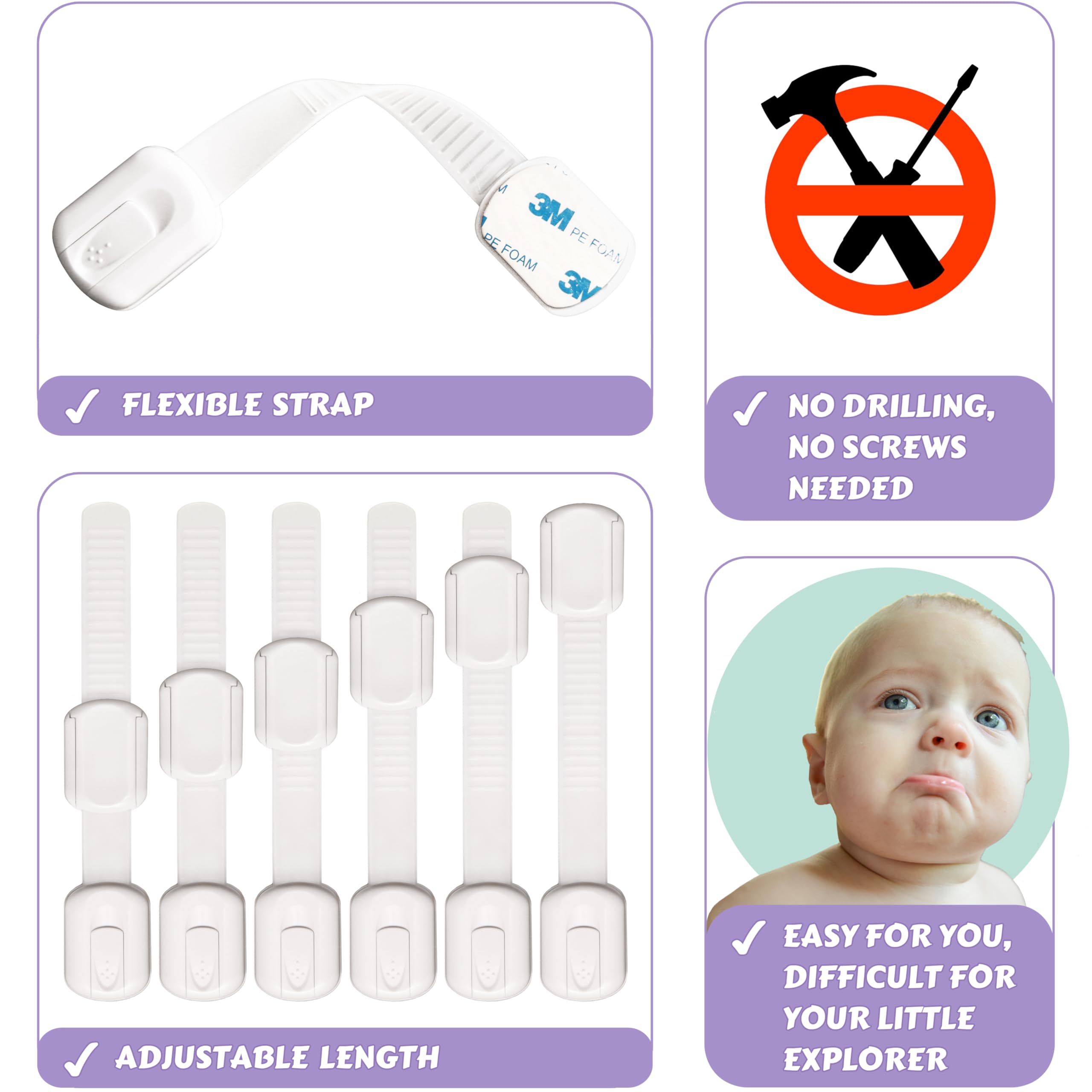Oxlay 6-Pack Adjustable Baby Proofing Cabinet Locks - Child Safety Latches for Drawers, Cupboards, Dressers, Doors, Closets, Ovens & Refrigerators - White - Perfect for Childproofing Homes & Nurseries