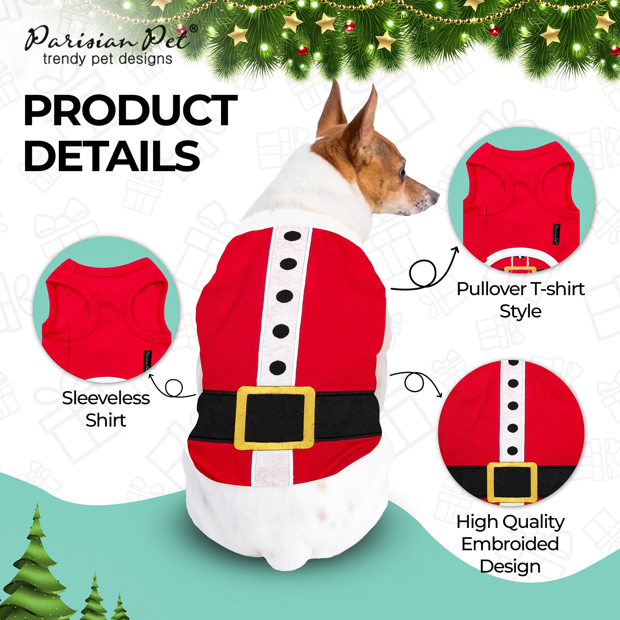 Parisian Pet Dog T-Shirt - Embroidered Santa Costume for Dogs | Lightweight Cotton Christmas Outfit | Sleeveless Funny Holiday Pet Clothes | Machine Washable Large Dog Shirts (5XL) - Perfect for Christmas Photos, Parties & Festive Gatherings