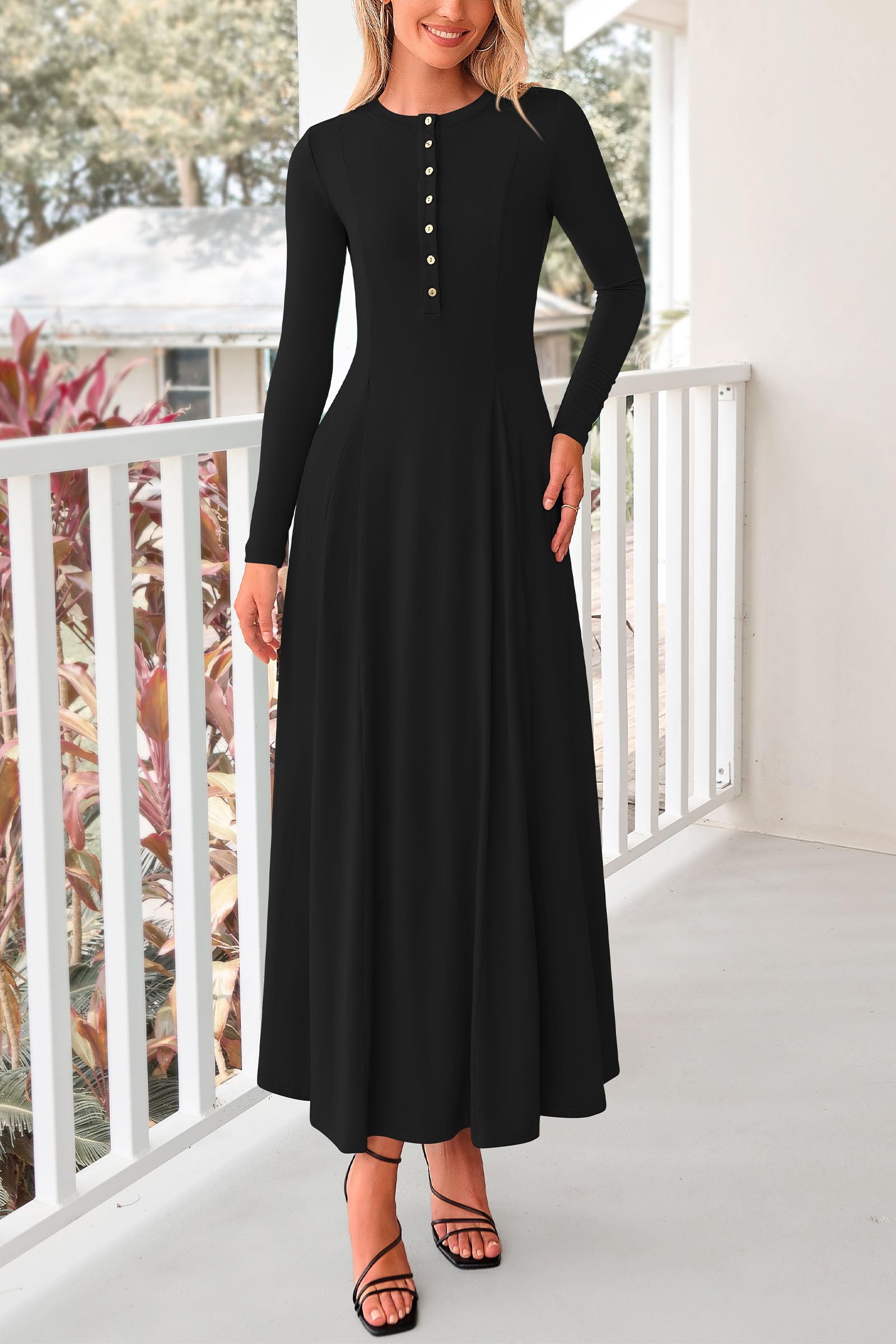 PRETTYGARDEN Women's Casual Maxi Dress 2025 Spring Fashion - Long Sleeve Button Down Fit & Flare Flowy Dress for Beach, Wedding & Everyday Wear