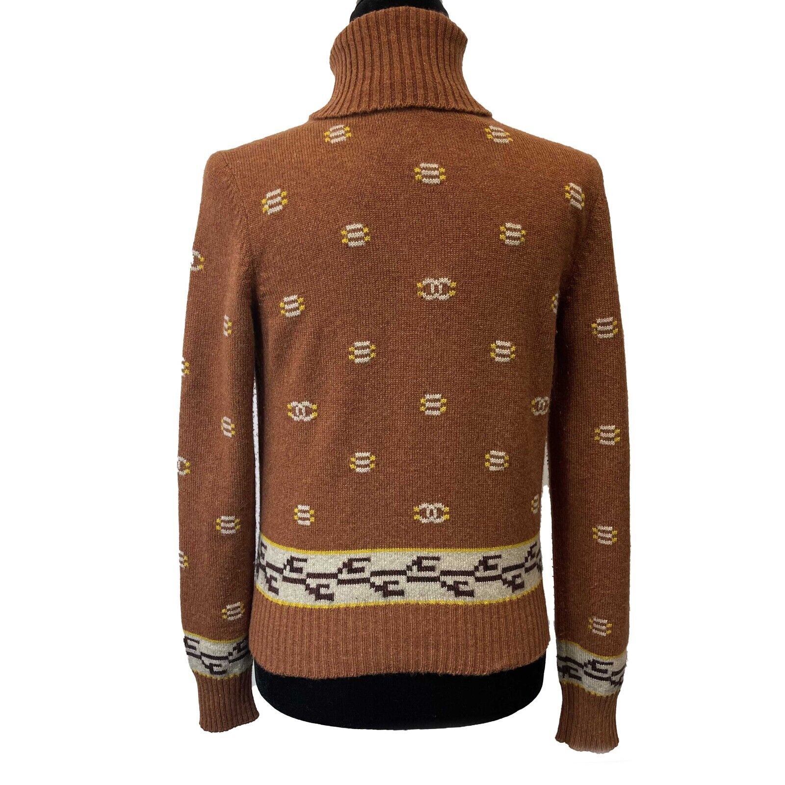 Chanel Cashmere Sweater for Women - Brown Tribal Print Turtleneck Pullover - Size US 4 (Small) - Soft Winter Knit Top for Casual Wear & Office Outfits