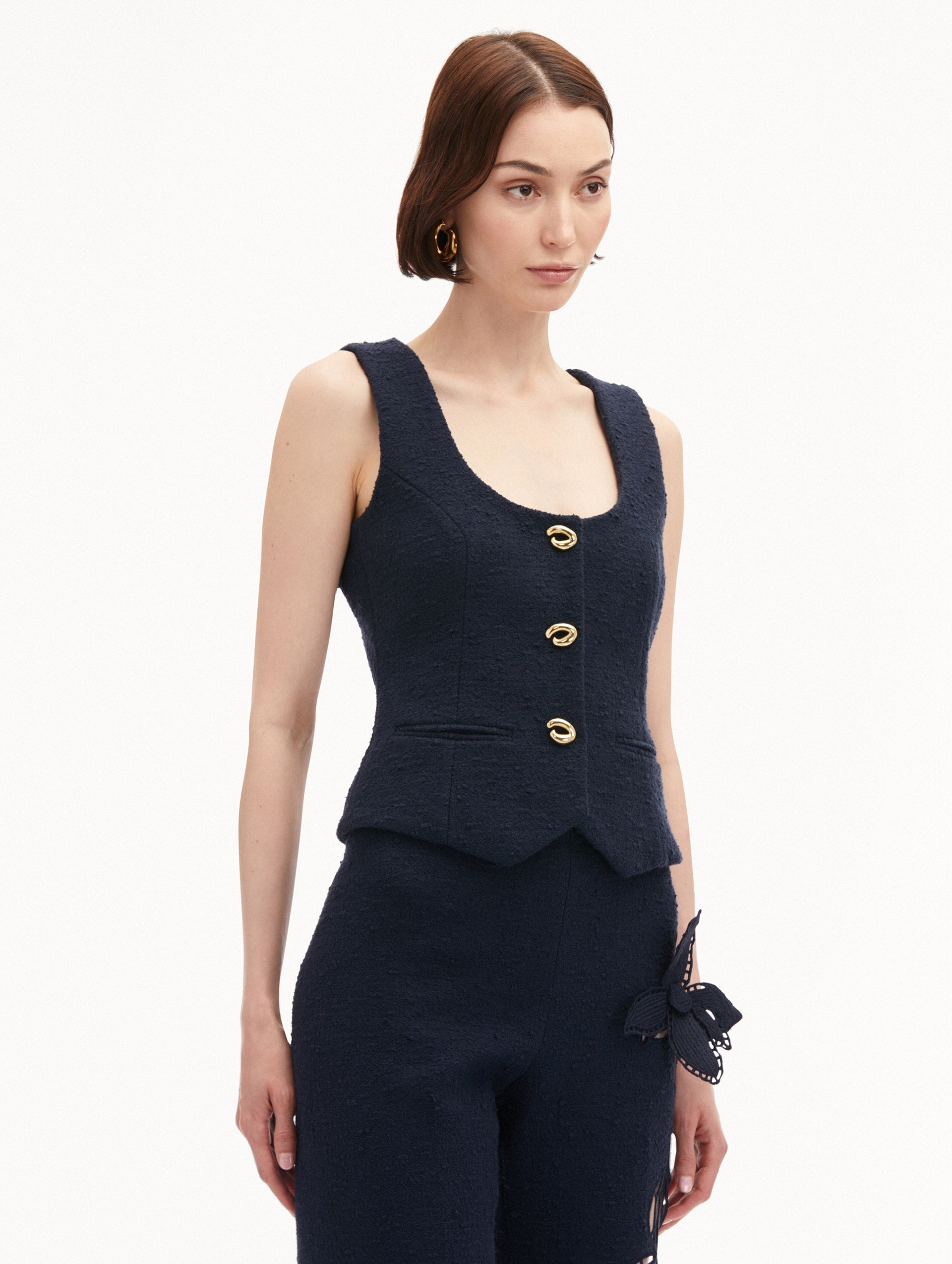 Women's Cotton Tweed Vest with O-Button Closure - Elegant Layering Piece for Office, Fall Outfits & Casual Chic Style