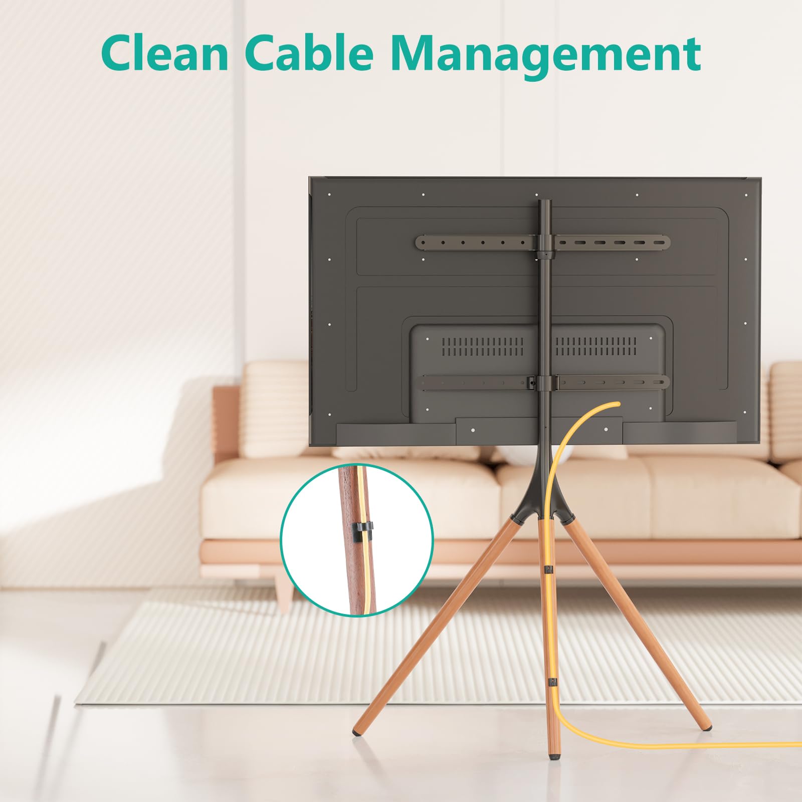 WALI Tripod TV Stand for 45-65 Inch TVs - Adjustable Height Modern Easel Floor Stand with Beech Wood Legs - Portable Corner TV Mount for Living Room, Bedroom, Office & Studio (Black, TFS001XL) - Perfect for Home Entertainment & Professional Spaces