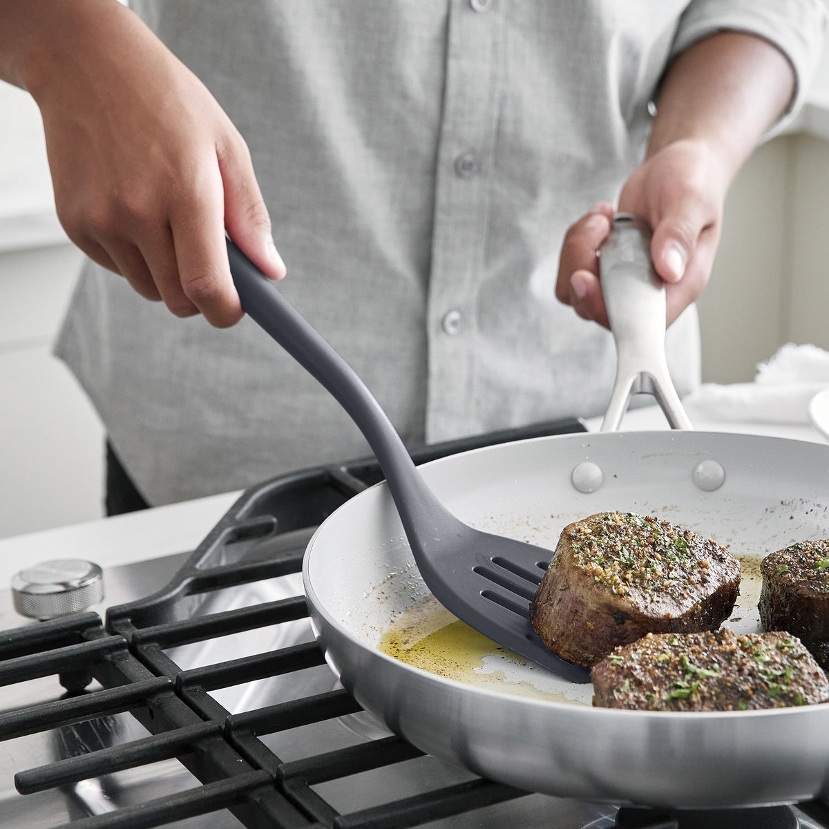 Premium Platinum Silicone Slotted Turner - Heat Resistant Kitchen Spatula for Flipping Pancakes, Burgers & Eggs | Non-Slip Gray Handle | Ideal for Cooking, Baking & Grilling