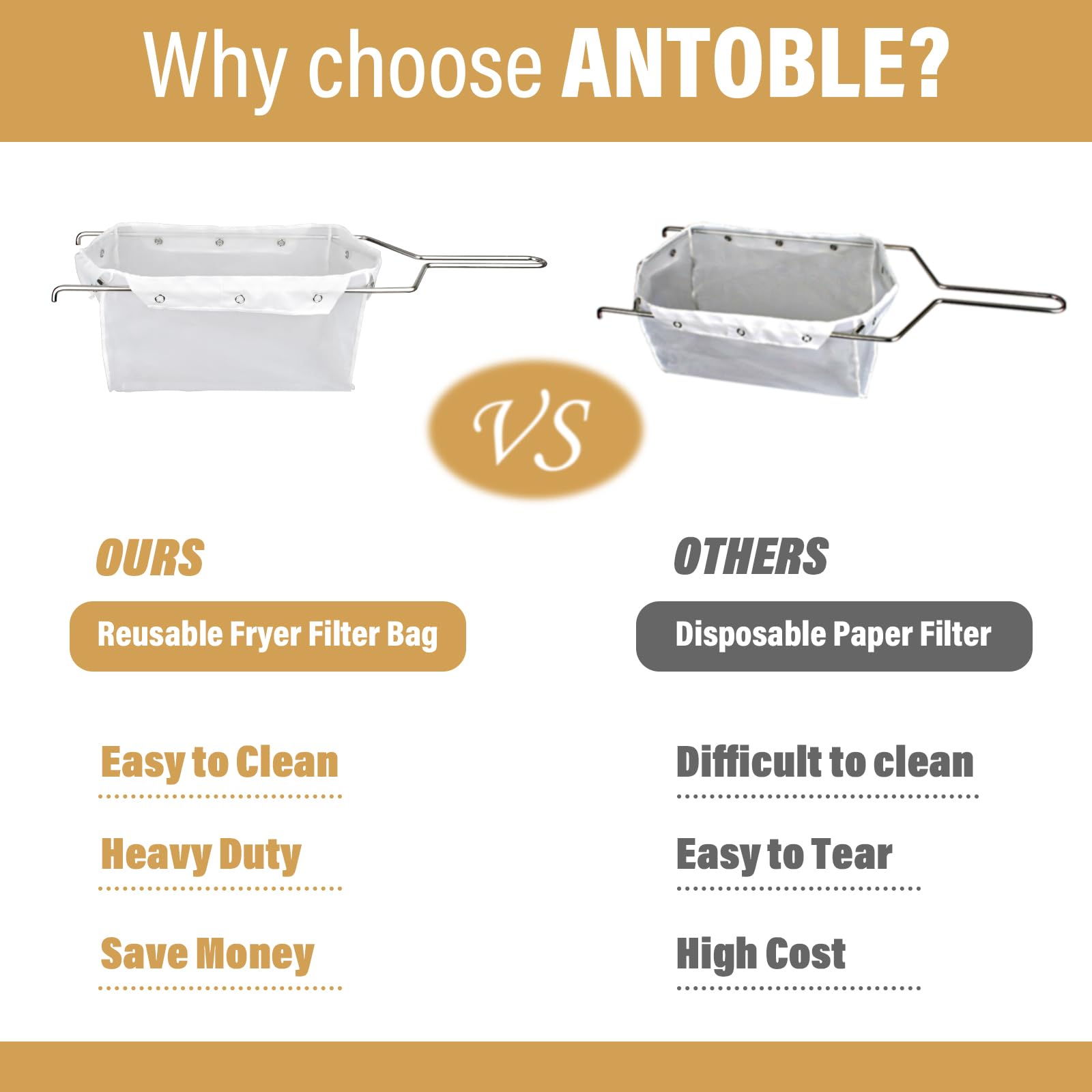 ANTOBLE Reusable Deep Fryer Oil Filter Bag & Frame Set - 70 lb Capacity Fryer Oil Strainer for Commercial & Home Use | Perfect for Restaurants, Food Trucks & Home Kitchens
