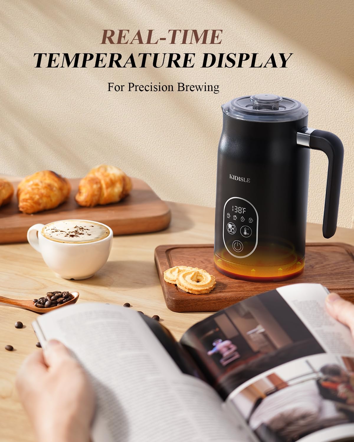4-in-1 Electric Milk Frother with Temperature Control - Automatic Warm & Cold Foam Maker for Coffee, Latte, Cappuccino - Perfect for Home Baristas & Coffee Shops