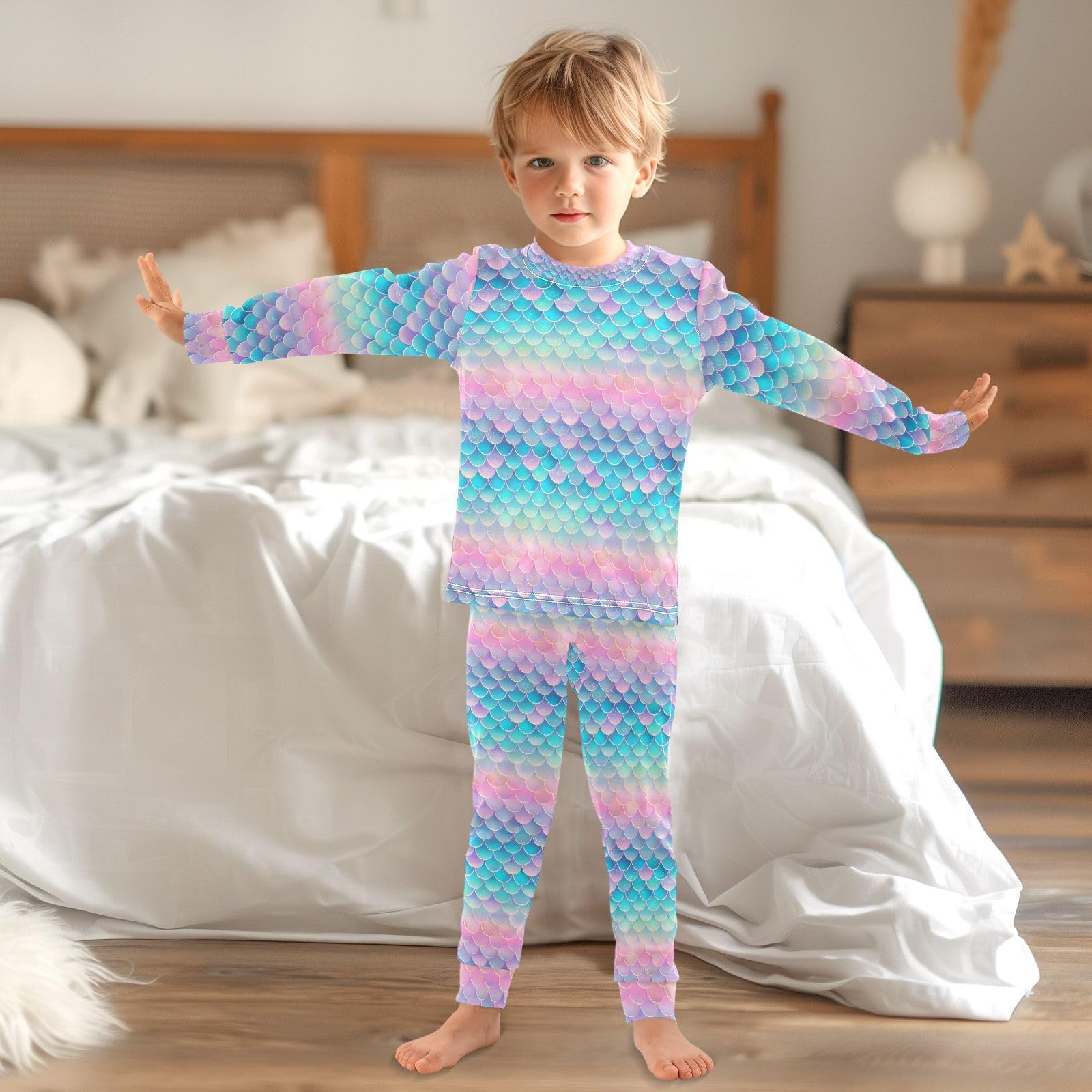 ALAZA Women's Fish Scale Mermaid Print Long Sleeve Pajama Set - Soft 2-Piece Sleepwear for Women - Perfect for Cozy Nights, Sleepovers and Loungewear