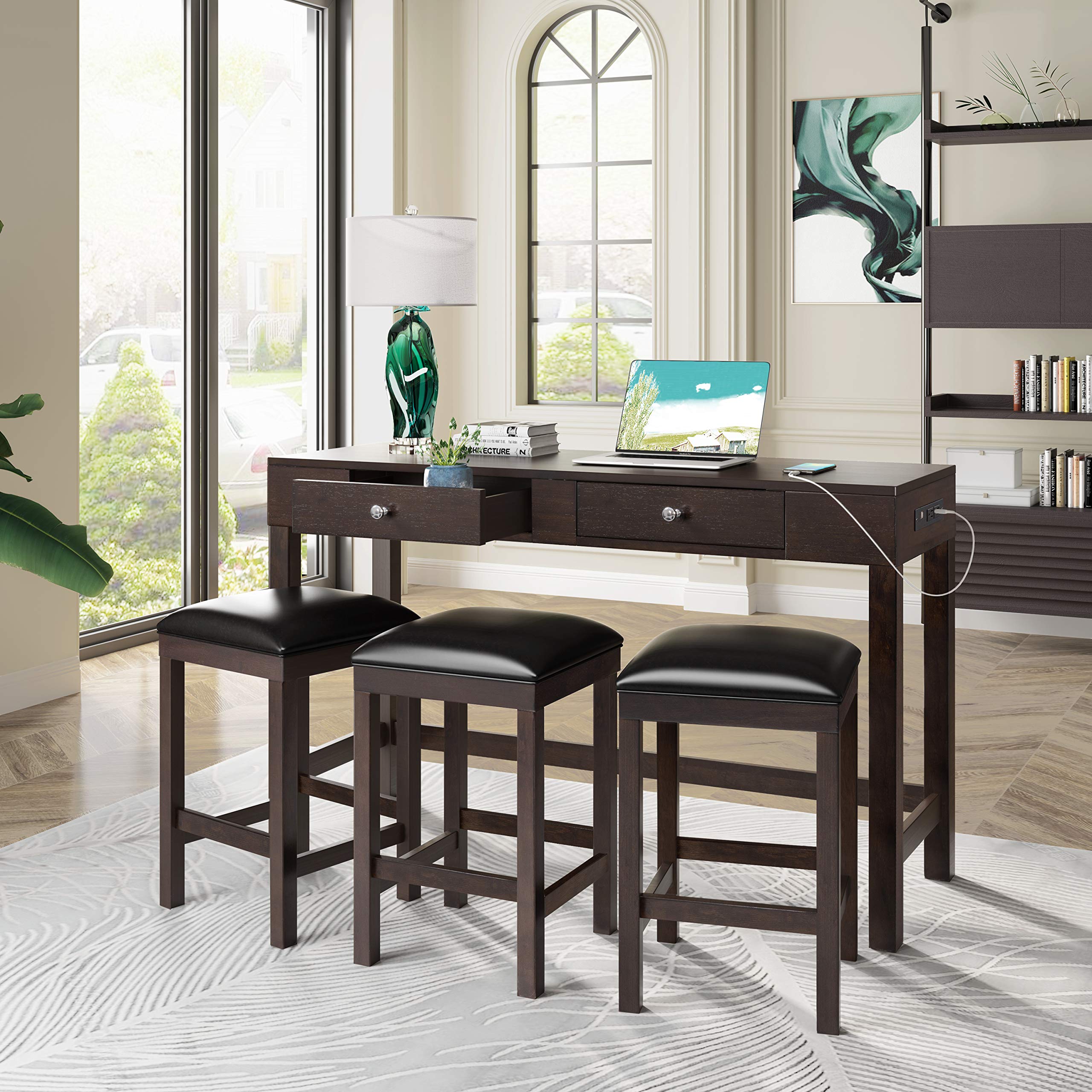 4-Piece Counter Height Dining Table Set with Power Outlet & Leather Padded Bar Stools, Espresso Finish - Perfect for Kitchen Islands, Breakfast Nooks & Small Space Dining