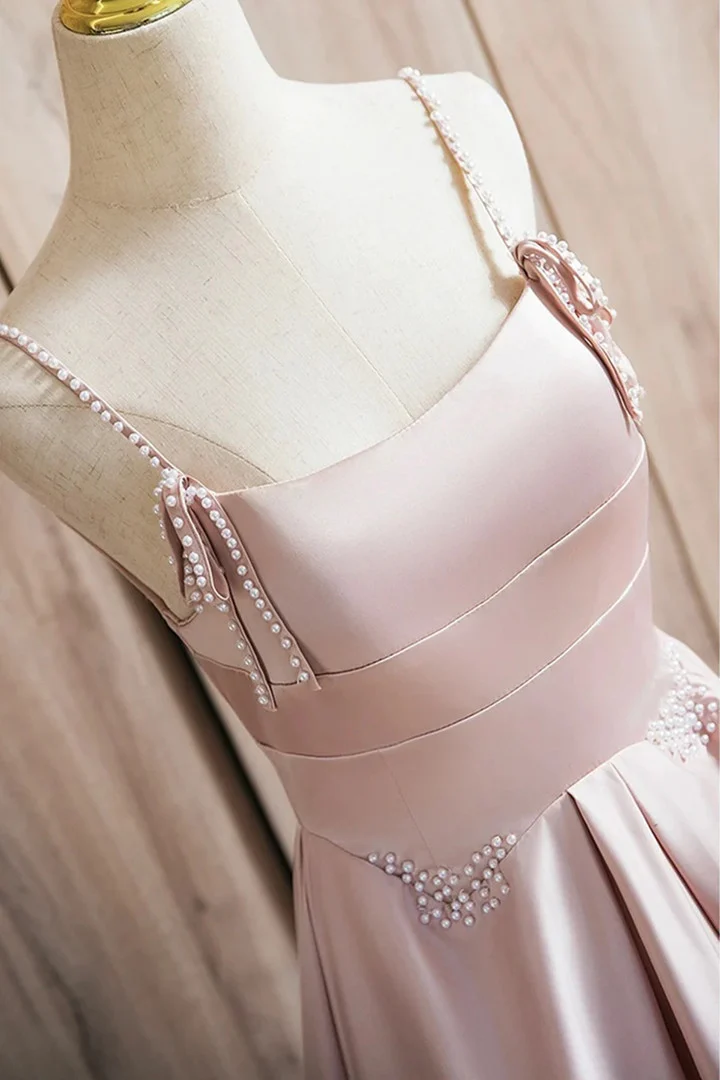 Elegant A-Line Satin Long Pink Prom Dress with Spaghetti Straps - Formal Evening Gown J4414 for Homecoming, Wedding Guest & Special Occasions