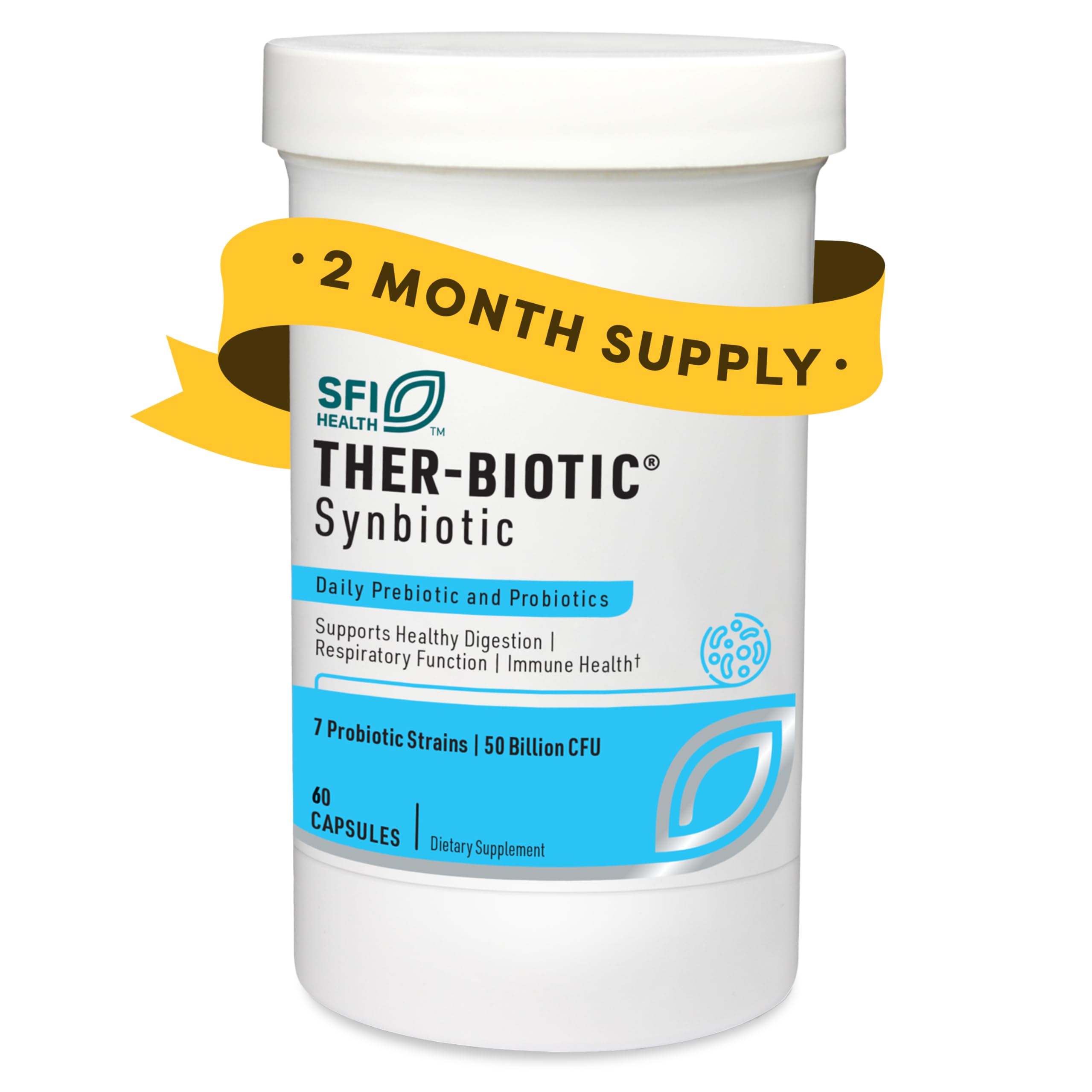 Klaire Labs Ther-Biotic Synbiotic Probiotic with Prebiotic - 60 Capsules for Digestive Health & Immune Support - Lactobacillus & Bifidobacterium Strains - Low-FODMAP Supplement for Men & Women - Ideal for Gut Health Maintenance & Travel Wellness
