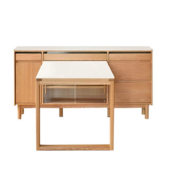 70.9x(65.9-75.0)x35.9 inch / 180x(167.3-190.4)x91.2 cm / natural wood color / ivory white rock board inlaid table sideboard