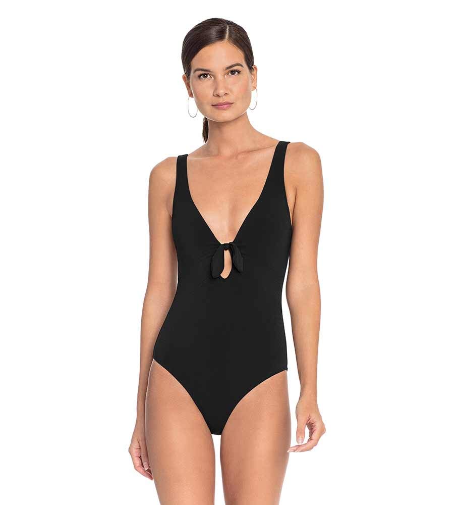 Robin Piccone Ava Plunge One-Piece Swimsuit with Front Knots - Black Size 14 | Sexy High-Cut Bathing Suit for Beach, Pool & Vacation | Plus Size Swimwear for Women