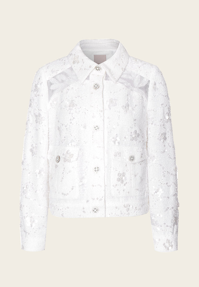Elegant White Tweed Jacket with Sequin and Bead Detailing - Perfect for Cocktail Parties, Weddings & Evening Events
