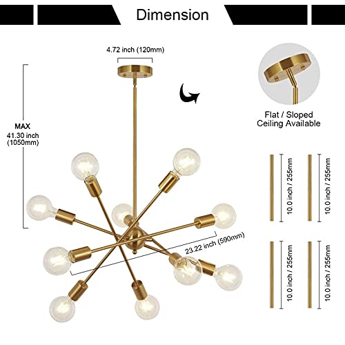 BONLICHT Modern 10-Light Sputnik Chandelier Brushed Brass Adjustable Arm Metal Kitchen Pendant Light, Mid Century Vintage Industrial Ceiling Fixture for Living Room, Dining Room, Bedroom & Office Lighting