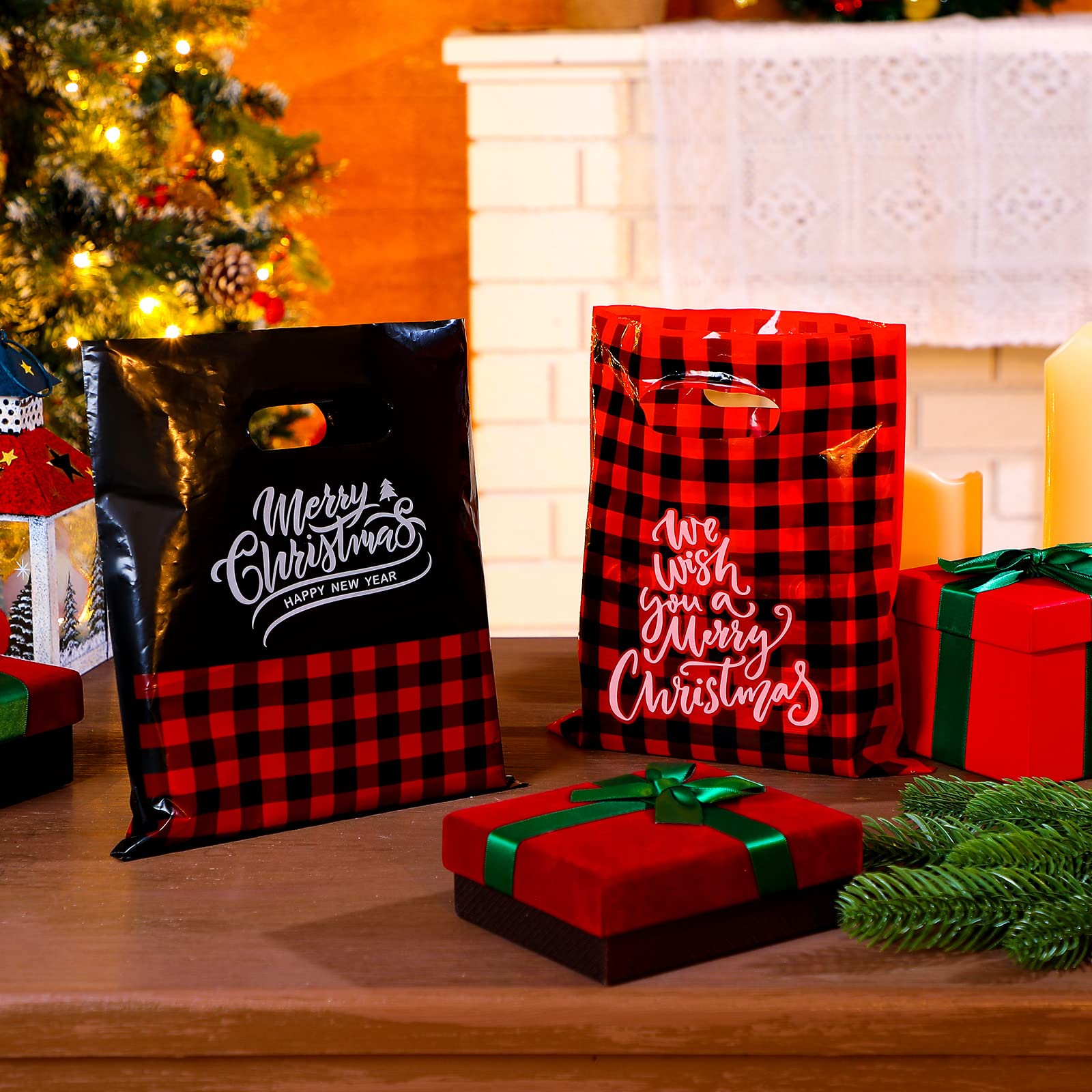 100 Pack Christmas Plastic Gift Bags Bulk - 10