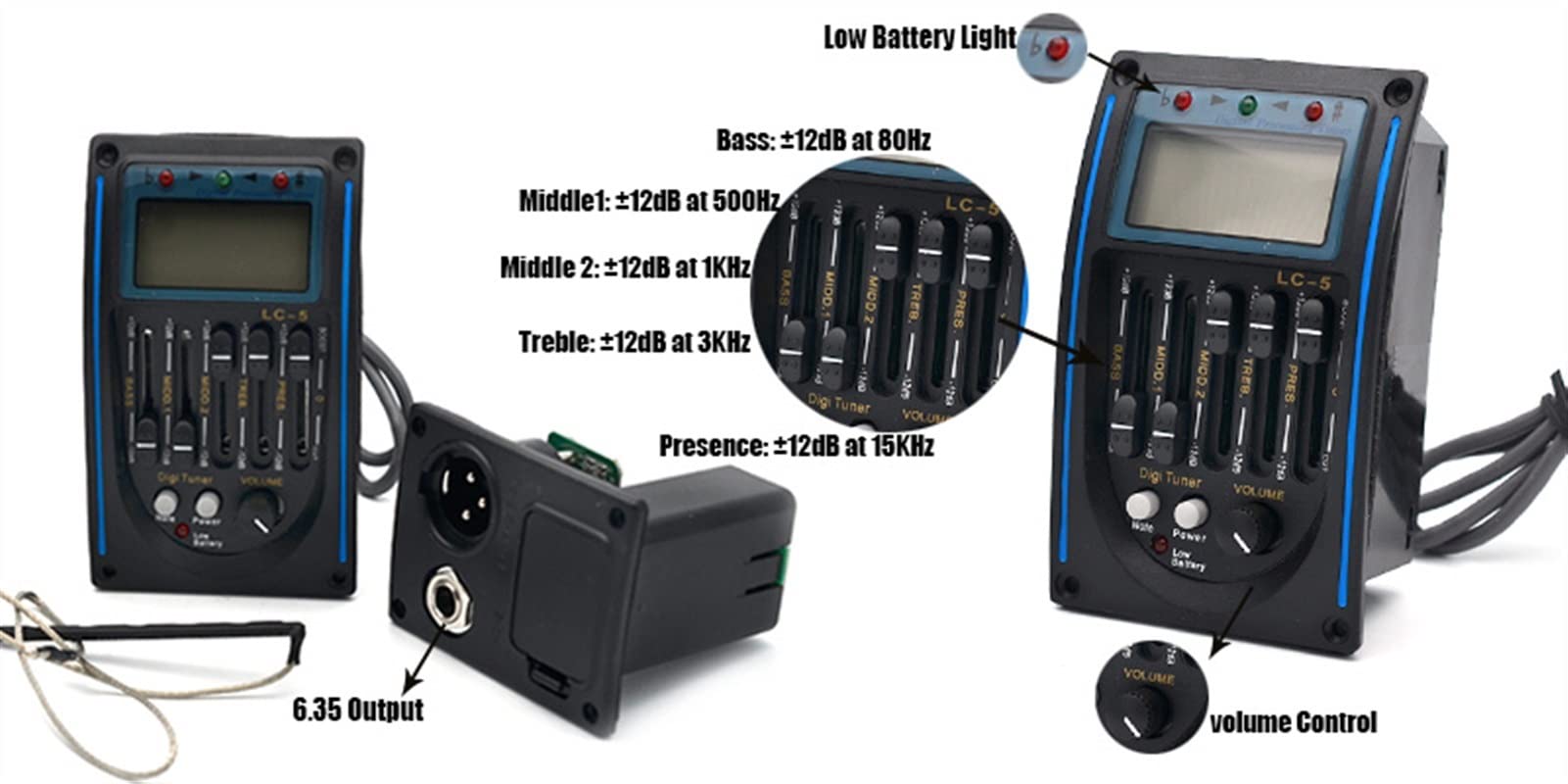 5-Band Acoustic Guitar Pickup EQ Preamp with LCD Tuner & Piezo Pickup - Professional Equalizer System for Live Performance & Studio Recording
