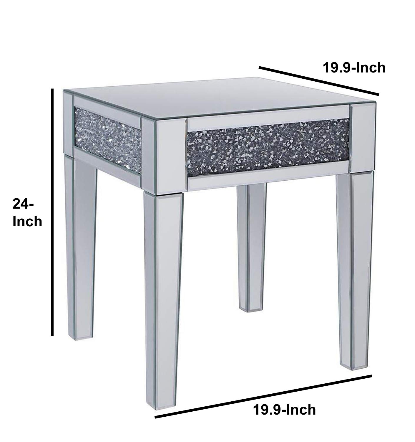 Benjara Wood and Mirror End Table with Faux Crystals Inlay - Clear Glass Accent Table for Living Room, Bedroom & Entryway Decor