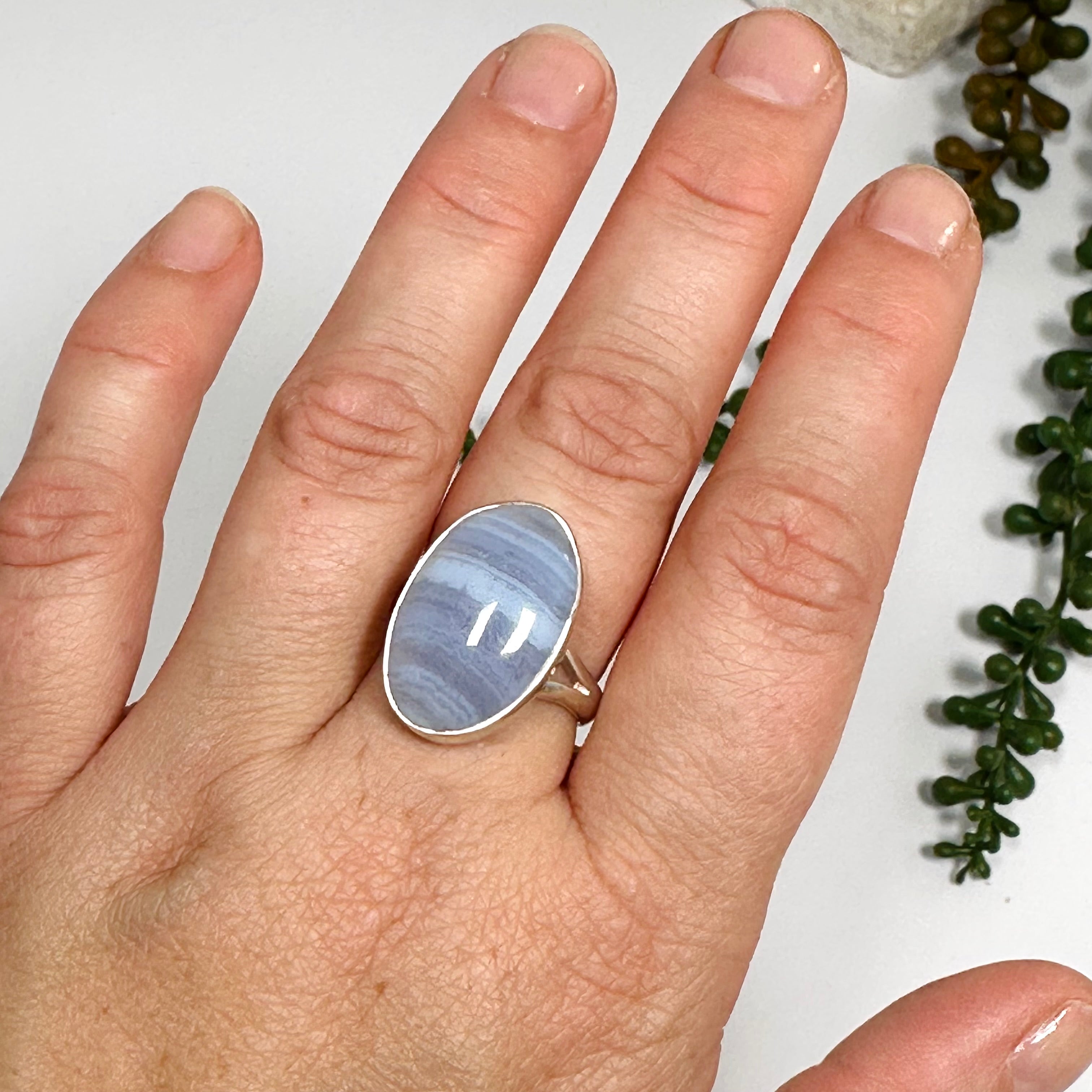 Blue Lace Agate Oval Cabochon Ring - Size 8 Sterling Silver Jewelry KRGJ3377 | Elegant Gift for Women, Bridesmaid Present, Boho Chic Accessory