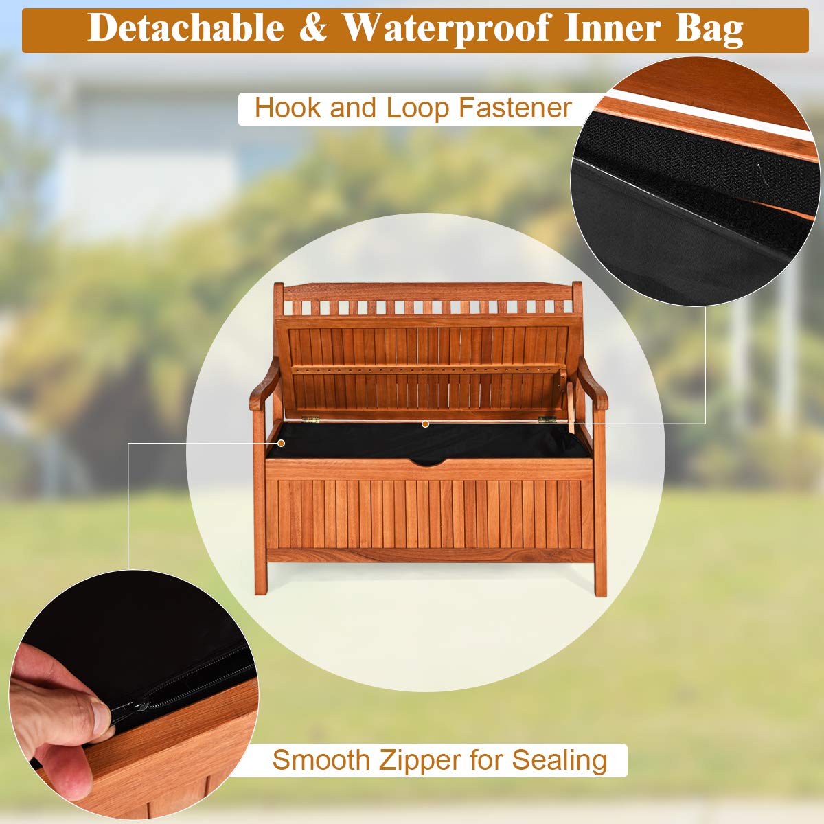 BETTARY 53 Gal Weatherproof Wooden Outdoor Storage Bench with Waterproof Liner & Armrests - Patio, Garden, Deck, Porch & Balcony Furniture for Outdoor Seating and Storage