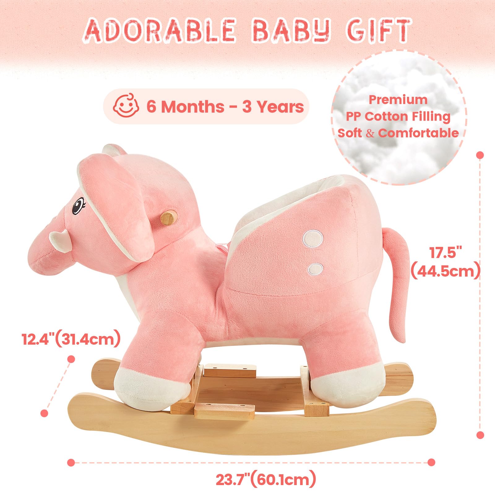 FUNLIO Pink Elephant Baby Rocking Horse - Soft Plush Ride-on Rocker Toy for Toddlers 6 Months to 3 Years | Safe & Easy to Assemble | CPC & CE Certified | Perfect Nursery Gift for Baby Girls & First Birthday Presents | Encourages Balance & Motor Skills Development