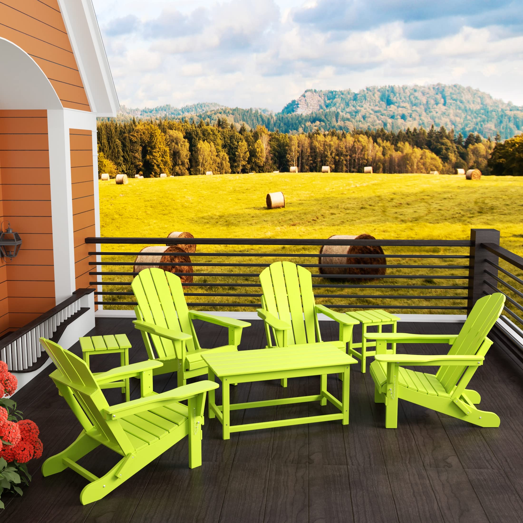 Premium HDPE Adirondack Chairs & Tables Set - 7-Piece Outdoor Patio Furniture with UV/Weather Resistance - Perfect for Backyard, Garden, Balcony, Porch & Lawn Relaxation (Lime Green)