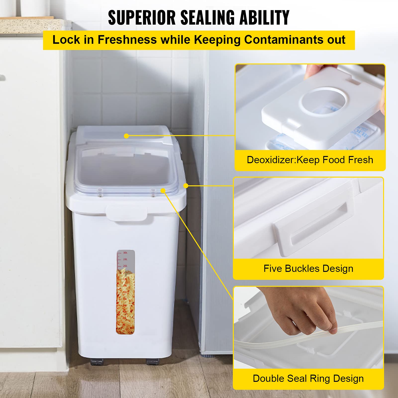 VEVOR 11.4 Gallon Commercial Ingredient Storage Bin with Lid & Scoop - 280 Cup Capacity Flour & Rice Container on Wheels - White Kitchen Organization for Bakeries, Restaurants & Bulk Food Storage