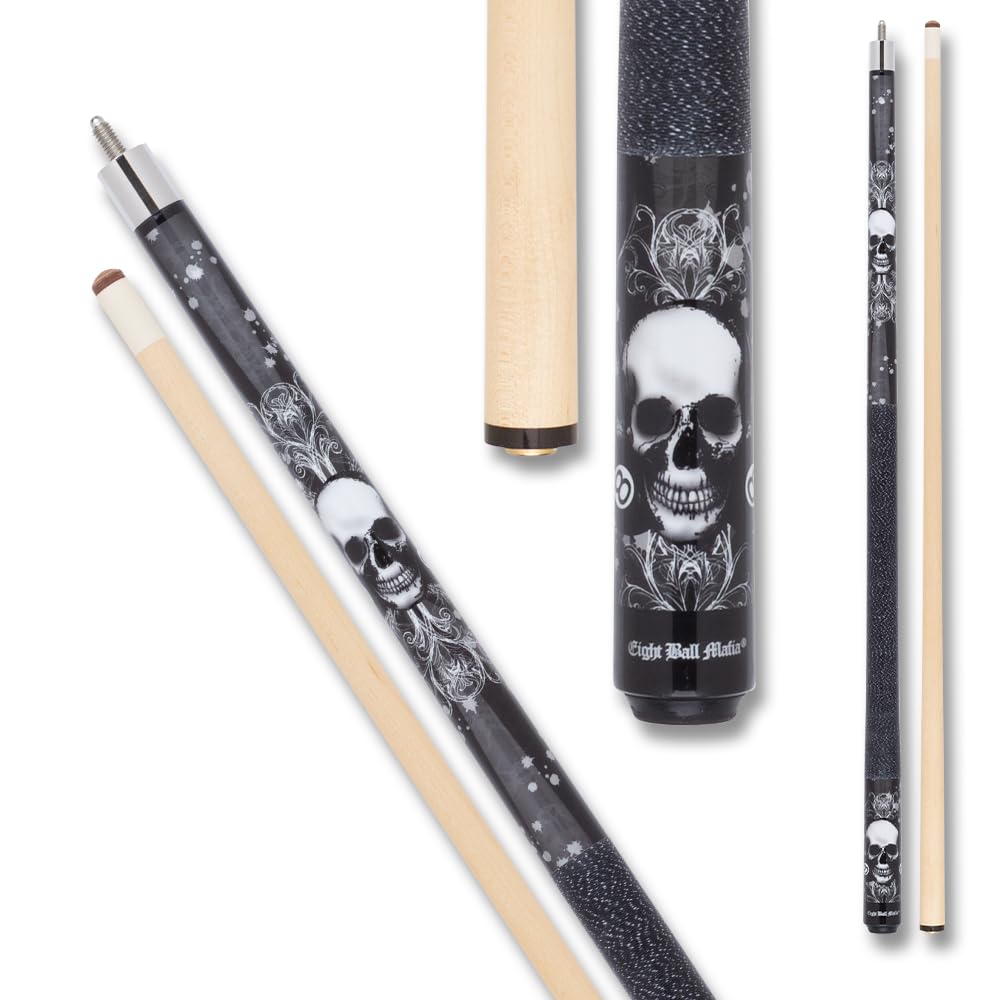 EBM02 Pool Cue Stick - Black & White 8 Ball Skull Design Billiard Cue for Professional & Recreational Players - Perfect for Bars, Game Rooms & Pool Tournaments