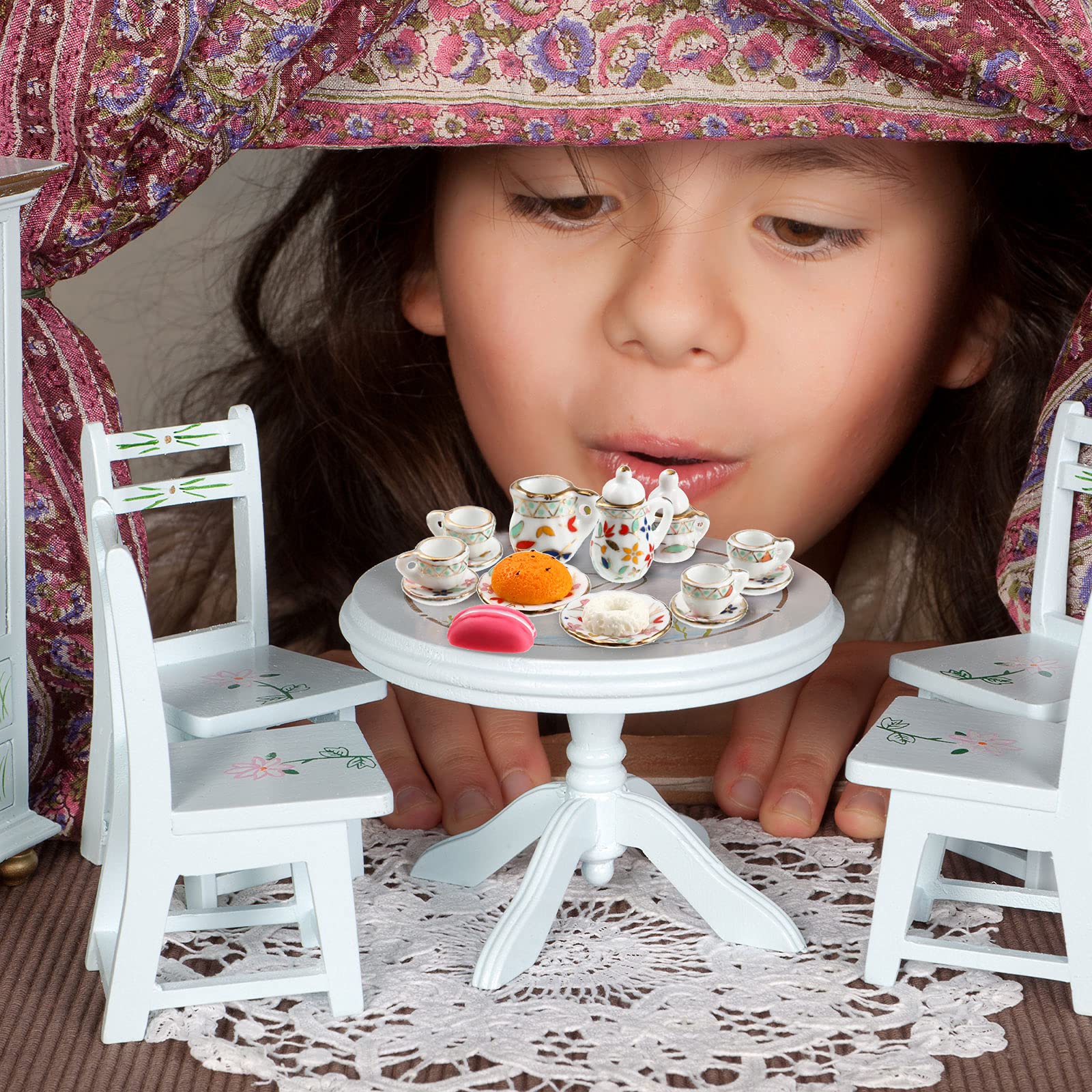1:12 Scale Miniature Dollhouse Kitchen Accessories Set - 41 Pieces Including 15 Porcelain Tea Cups, 16 Mini Plates with Knives & Forks, 10 Decorative Dessert Cakes - Perfect for Dollhouse Decor, Tea Party Scenes, and Miniature Cooking Display (Chic Style)