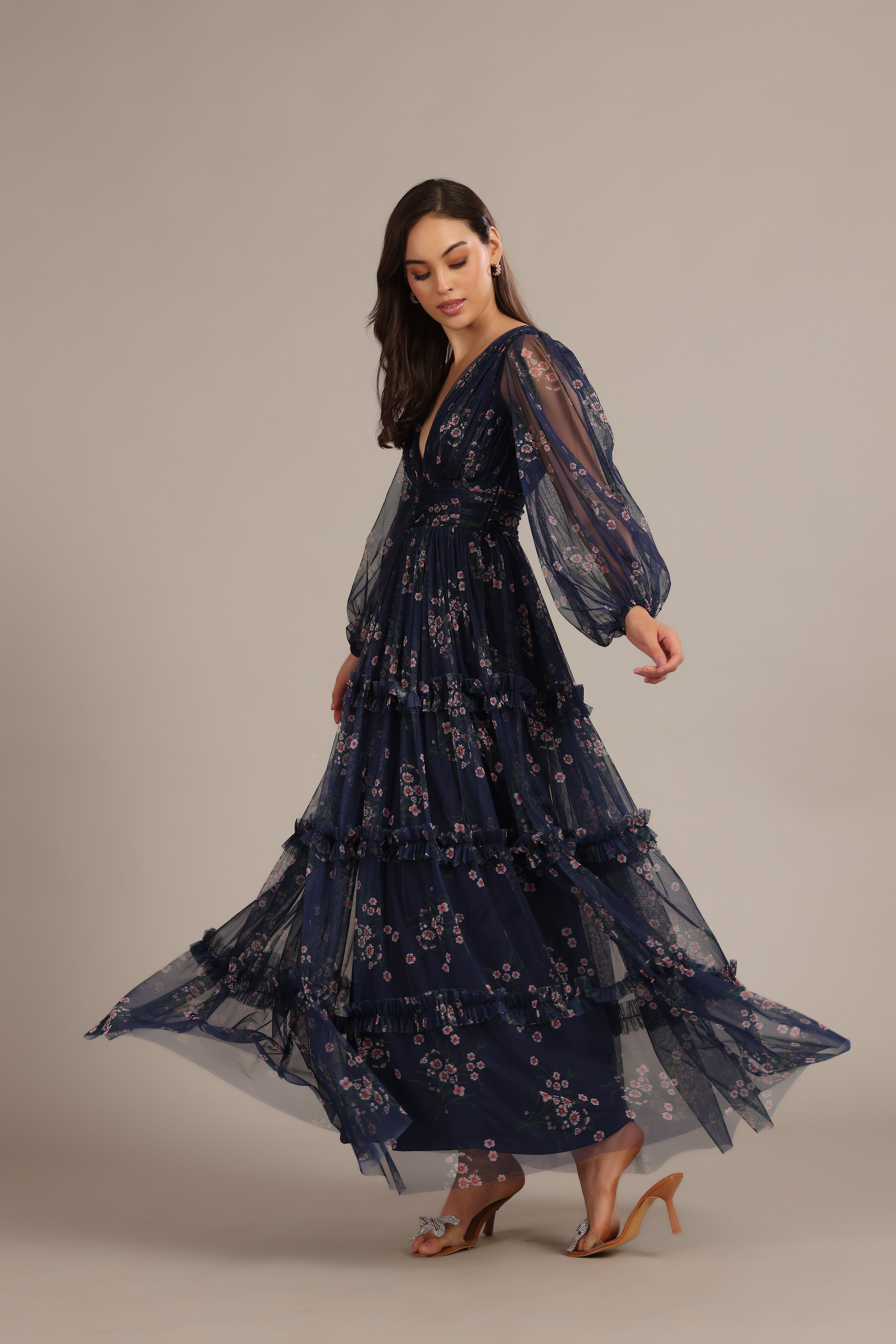 Lydia Maxi Dress for Women - Navy Blue Floral Print Long Summer Dress - Perfect for Beach, Vacation, and Casual Outings