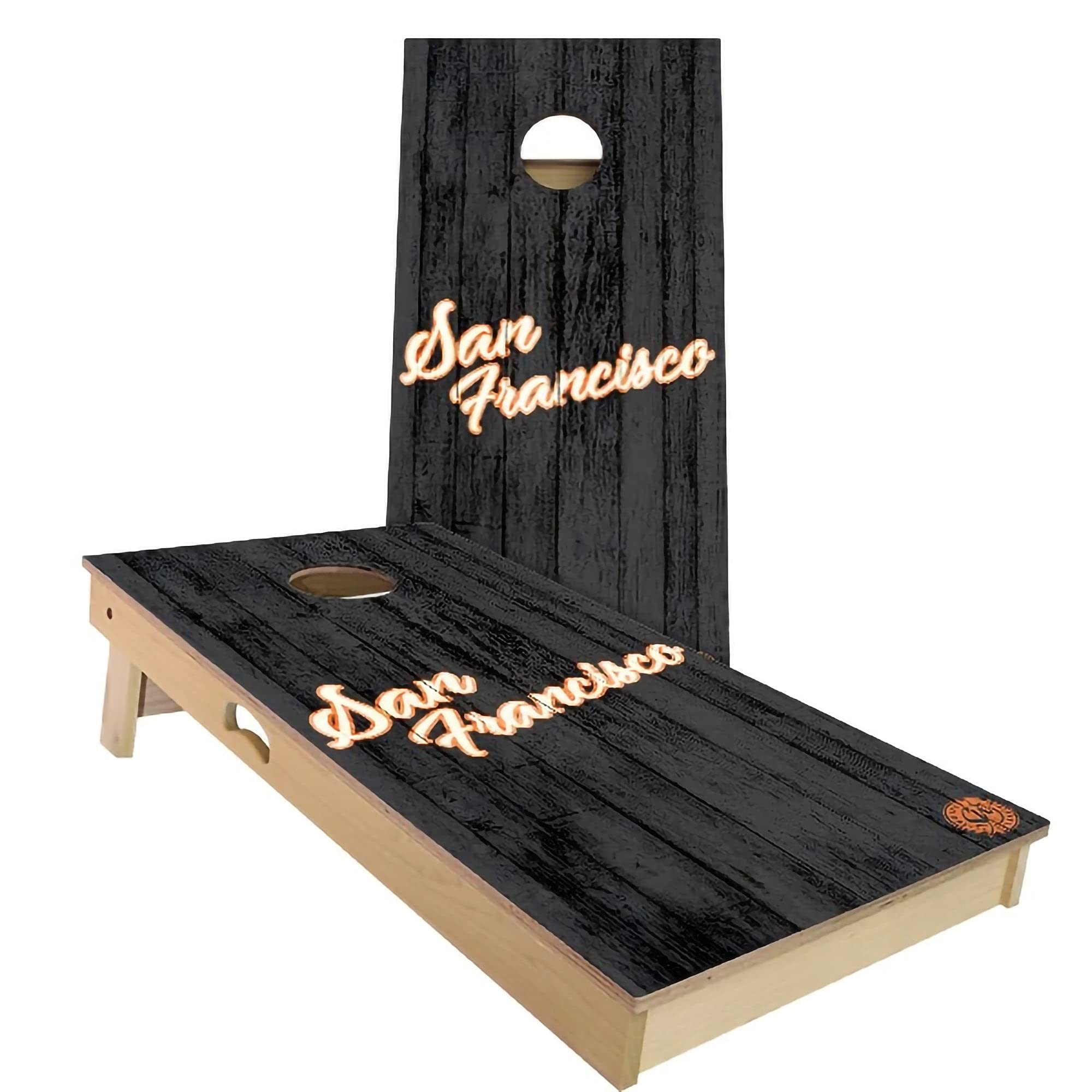 Skip's Garage San Francisco Vintage Themed Cornhole Board Set - Customizable Size & Accessories - Includes 2 Boards & 8 Bags - Perfect for Backyard Parties, Tailgating & Outdoor Games