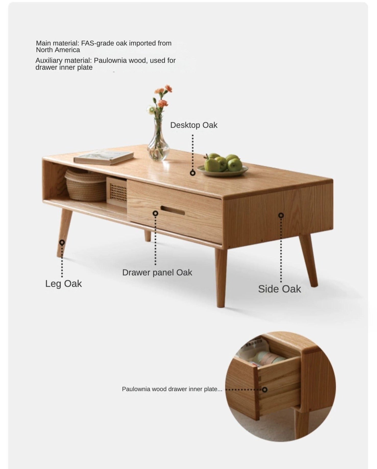 Premium OAK Solid Wood Modern Coffee Table - American Style Living Room Furniture for Home Decor & Relaxation