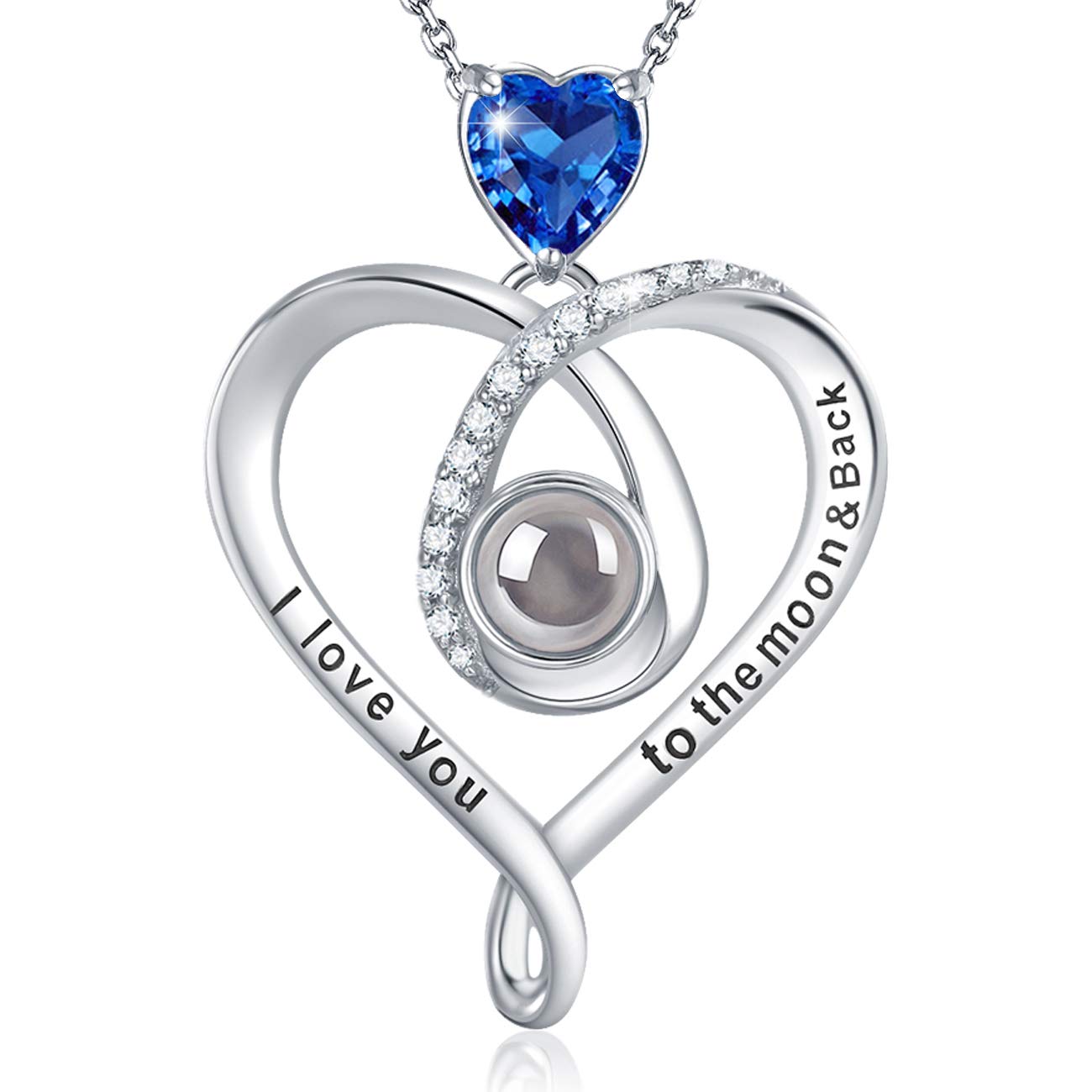 March & April Birthstone Aquamarine Jewelry - I Love You Necklace with 100 Languages Engraved - 925 Sterling Silver Necklace for Women - Perfect Birthday Gift, Anniversary Present & Romantic Keepsake