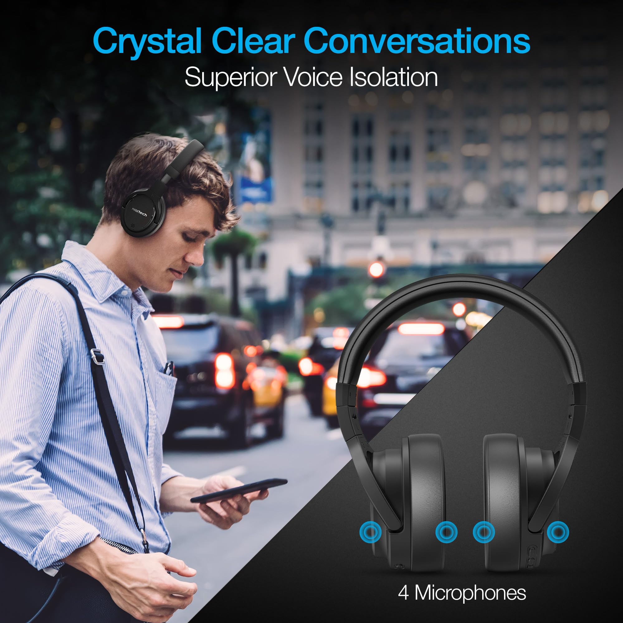 Naztech Driver ANC 1000 Active Noise Cancelling Bluetooth Headphones with 4 Microphones - Comfortable Over-Ear Wireless Headset, 50Hr Battery Life - Perfect for Home Office, Online Classes, Travel & Entertainment (Black) 15136