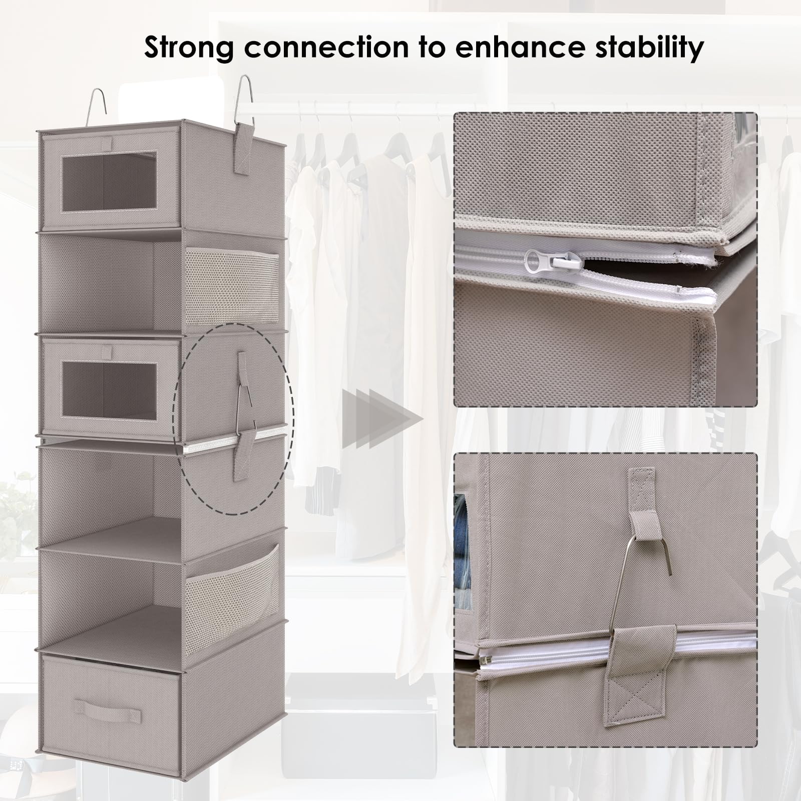 Fixwal 6-Tier Hanging Closet Organizer with 3 Drawers - Space Saving Shelves for Clothes, Shoes & Accessories - Perfect for Bedroom, Dorm & Small Space Organization (1 Pack, Gray) - Ideal for Maximizing Closet Space and Keeping Wardrobes Neat