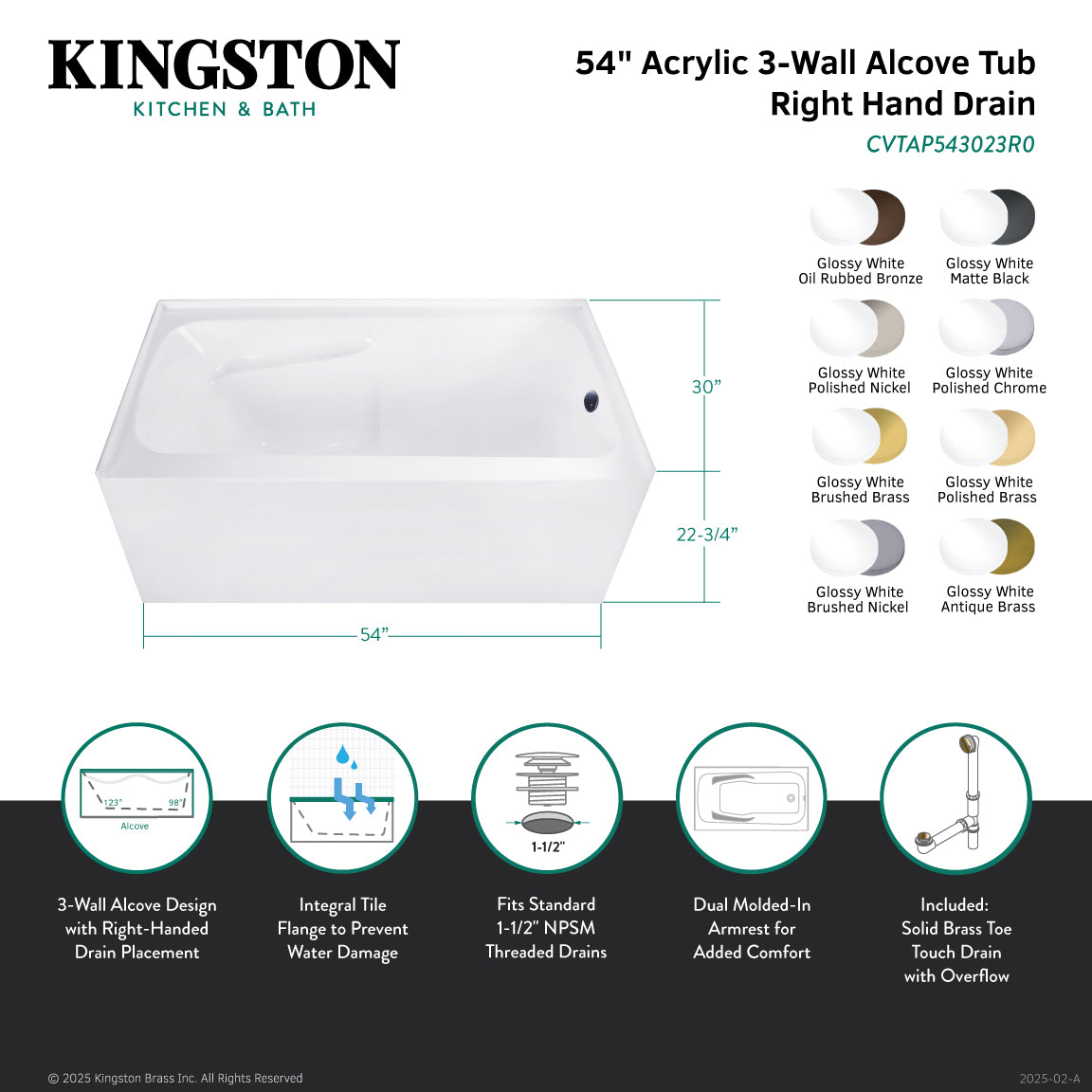 Aqua Eden 54 Inch Acrylic Rectangular 3 Wall Alcove Bathtub with Armrests - Right Hand Drain, Glossy White & Antique Brass Finish | Freestanding Soaking Tub for Modern Bathroom & Spa Relaxation