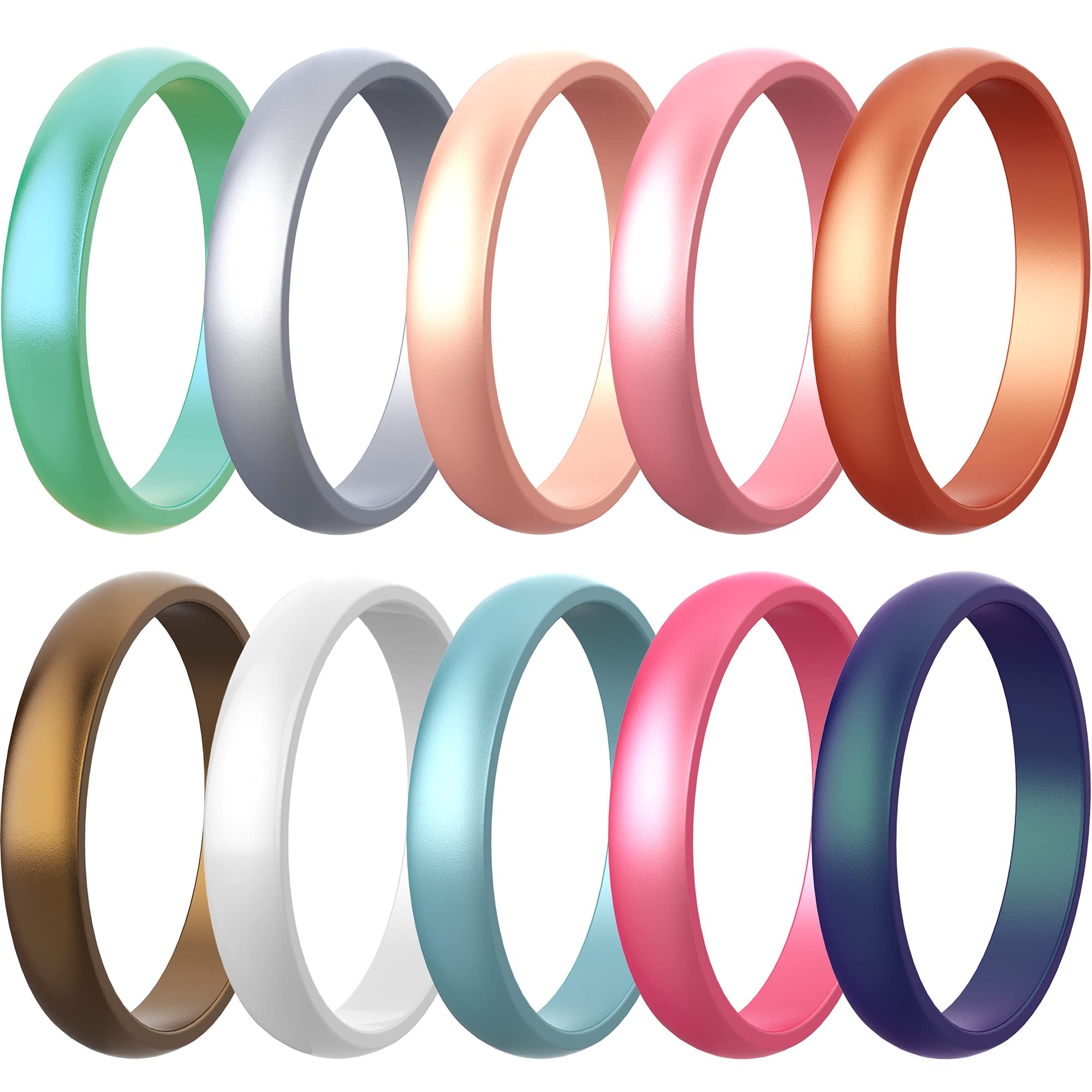 Zollen 10 Pack Women's Silicone Wedding Rings - 5.5mm Metallic Rubber Bands, Stackable Comfort Ring Set for Active Lifestyle, Gym, Swimming & Outdoor Activities
