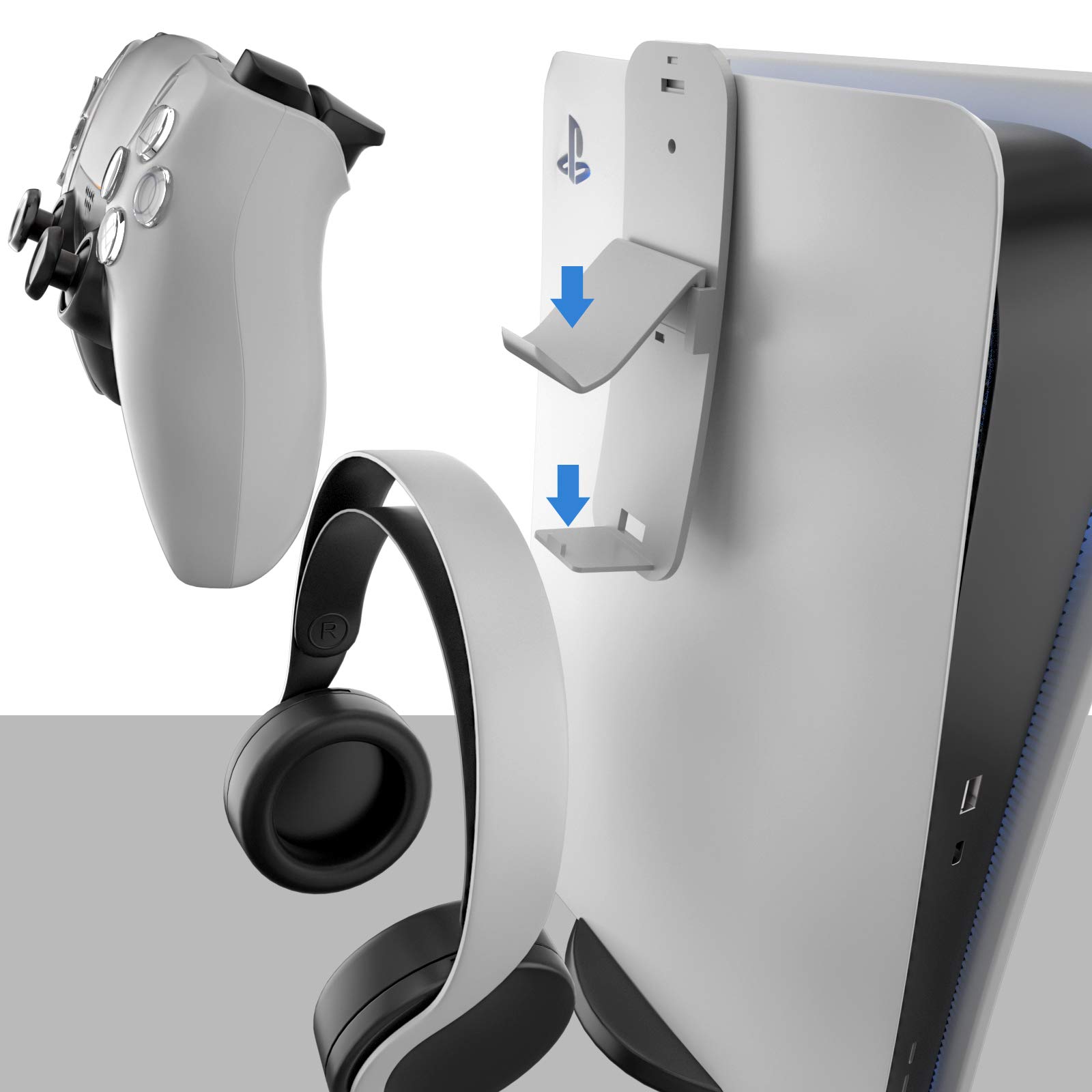 ECHZOVE PS5 & Xbox Controller and Headset Wall Mount - Dual Headphone & Gamepad Holder for Playstation 5, Xbox Series X/S - Space Saving Organizer for Gaming Setup (White) - Perfect for Bedroom, Game Room & Office Organization