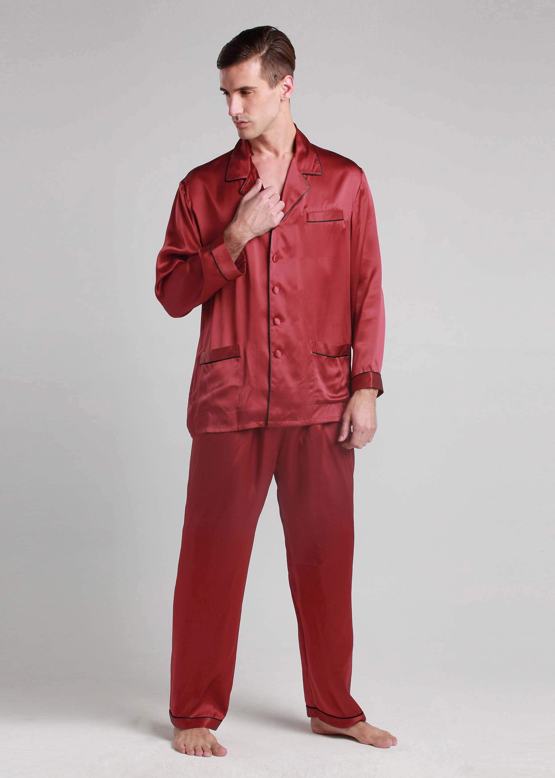 Premium 100% Silk Pajamas for Men - Long Sleeve Soft Lounge Sleepwear with Contrast Trim | Ideal for Relaxing at Home, Spa Days & Luxury Gifts