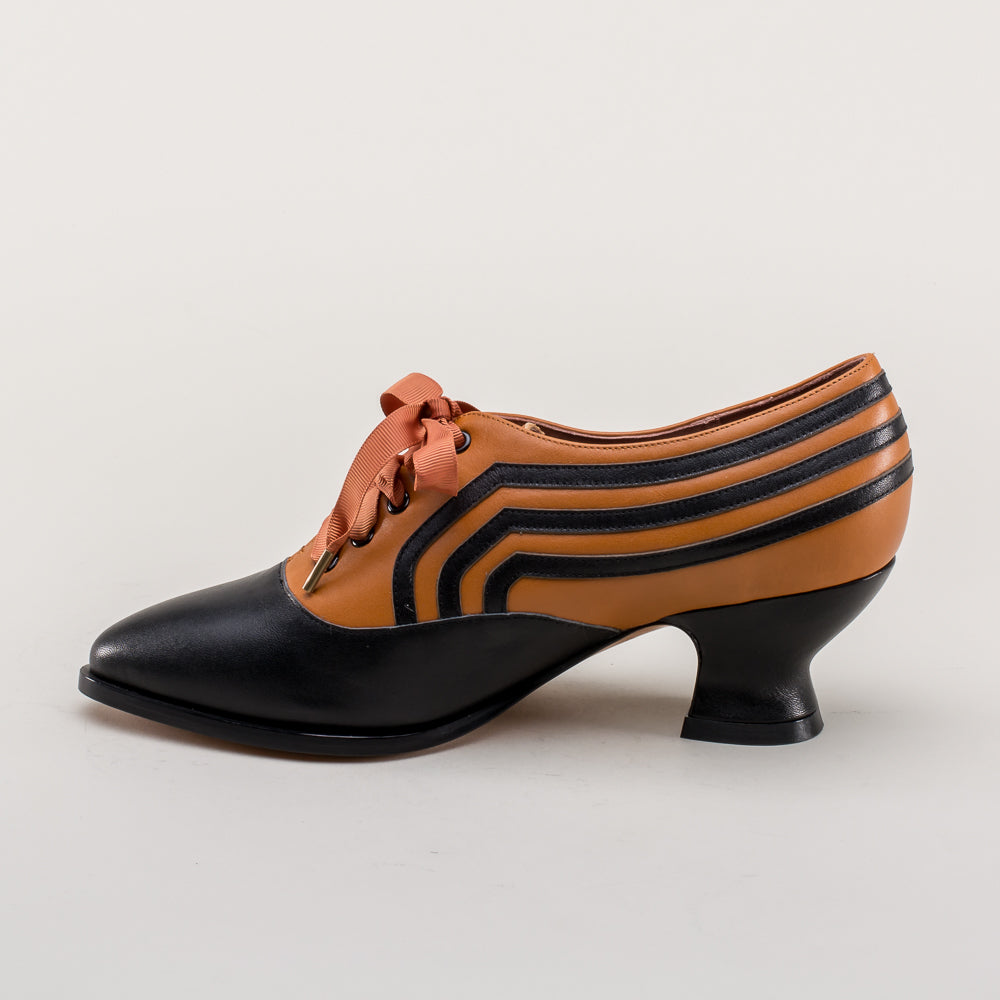 Bernadette Edwardian Oxfords Wide Width Women's Shoes - Cognac & Black Leather - Comfortable & Stylish for Work, Office & Formal Occasions