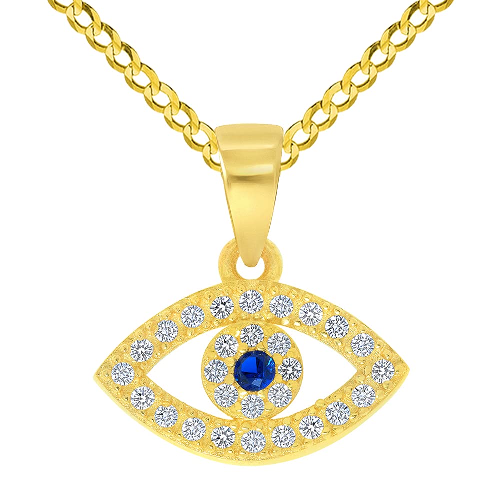 14K Yellow Gold Cubic Zirconia Mini Blue Evil Eye Pendant Necklace - Dainty Evil Eye Charm with Rolo, Cuban Curb & Figaro Chain Options - Perfect for Protection Jewelry, Gift for Her & Spiritual Accessories