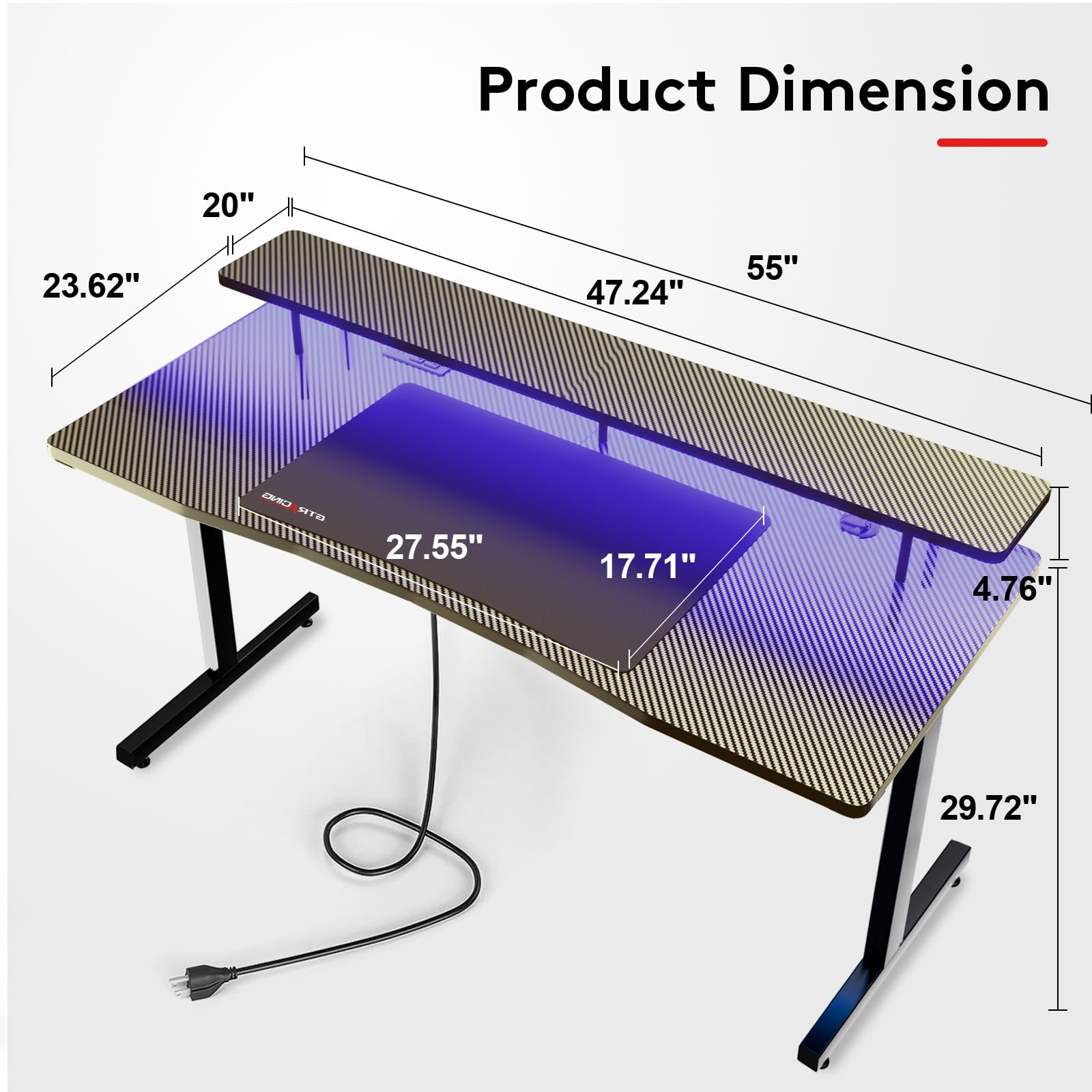 GTRACING 55 Inch LED Gaming Desk with Monitor Stand - Ergonomic Carbon Fiber Surface Computer Desk with RGB Mouse Pad for Home Office & Gaming Setup | Perfect for PC Gamers, Streamers & Remote Workers