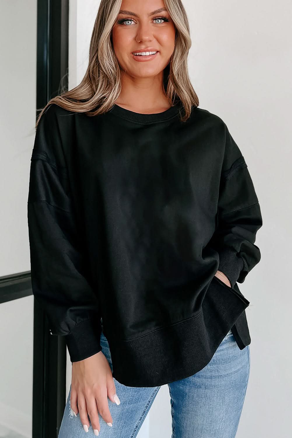 Stylish Black Drop Shoulder Sweatshirt for Women - Trendy Oversized Pullover for Casual Wear, Lounge & Street Style Fashion