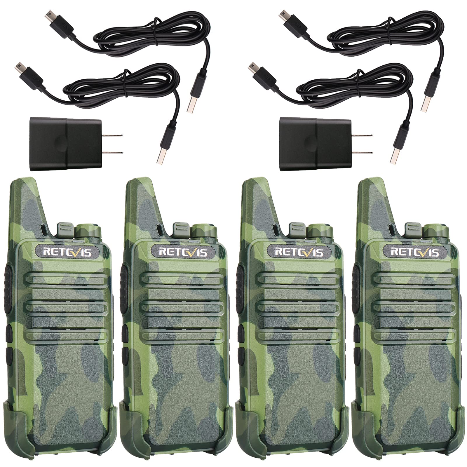 Retevis RT22 Rechargeable Walkie Talkies with VOX, Emergency Alarm & Long Range - Ideal for Outdoor Adventures, Cruise Ships, ATV, Hunting & Skiing (4 Pack, Camouflage) | Perfect for Family Camping, Hiking & Emergency Communication