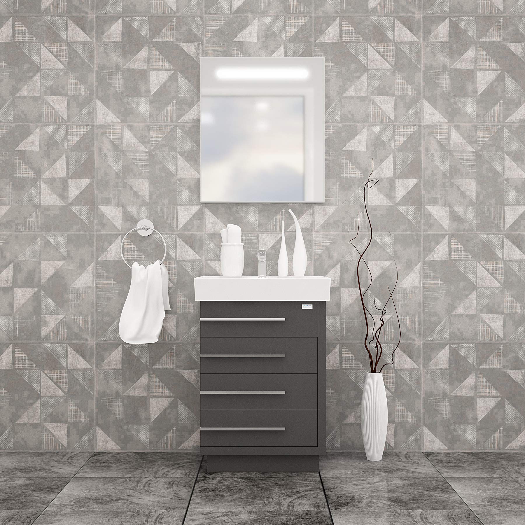 32 Inch Single Sink Bathroom Vanity with LED Mirror - Modern Wood Cabinet & Ceramic Sink Set | Soft Closing Drawers | Free Standing Contemporary Design in Glossy Grey | Perfect for Small Bathrooms, Master Suites & Apartment Remodels